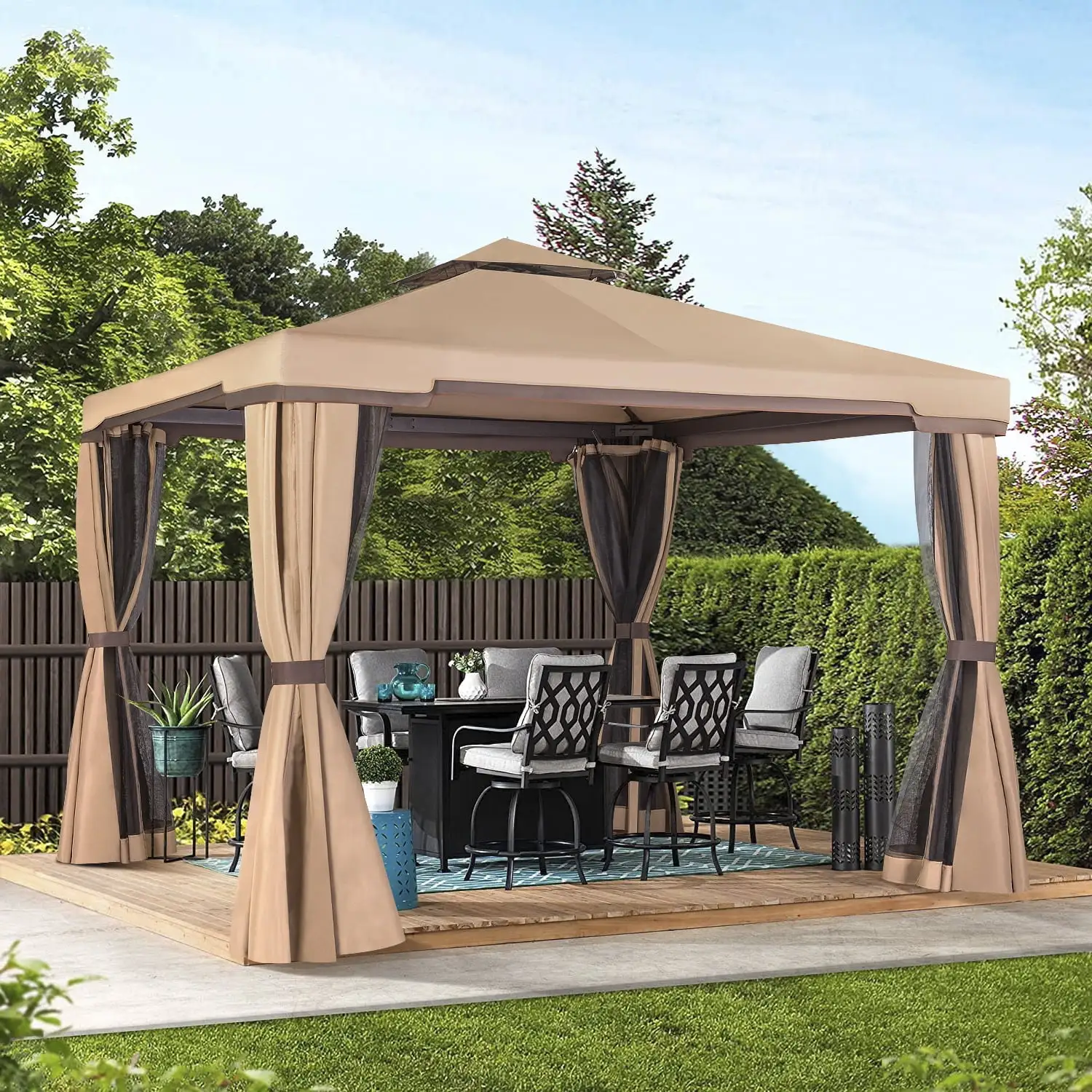 SUNCROWN 10' x 10' Outdoor Patio Canopy Gazebo with Mosquito Netting- Beige