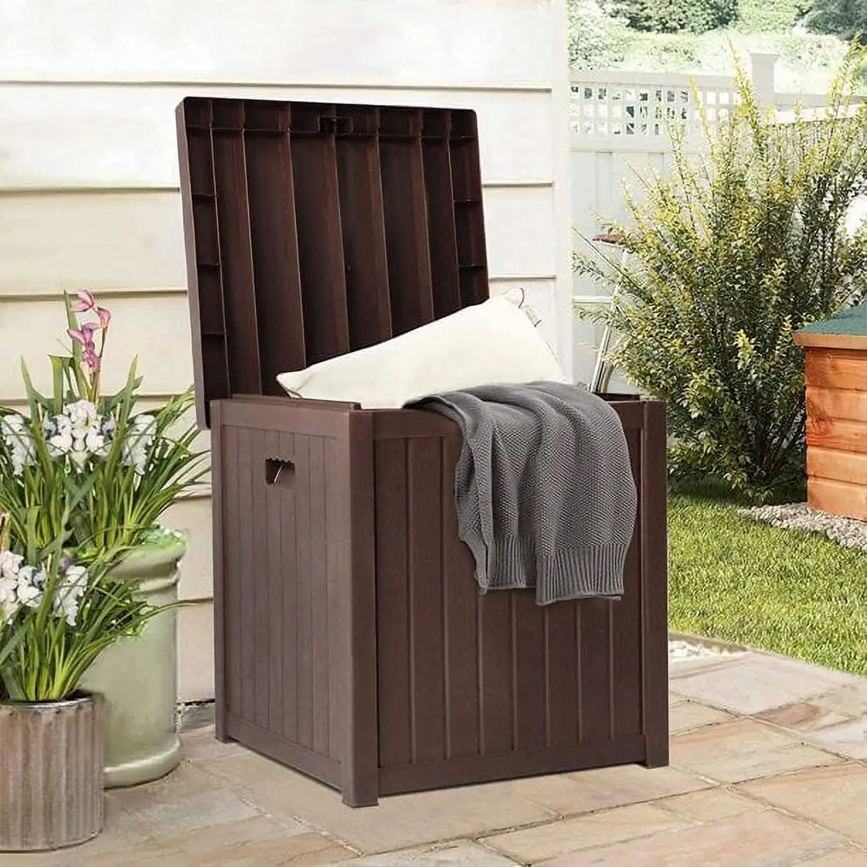 SUNCROWN 51 Gallon Weather Resistant Resin Outdoor Storage Bins Container. Patio Garden Deck Box with Handles. Brown