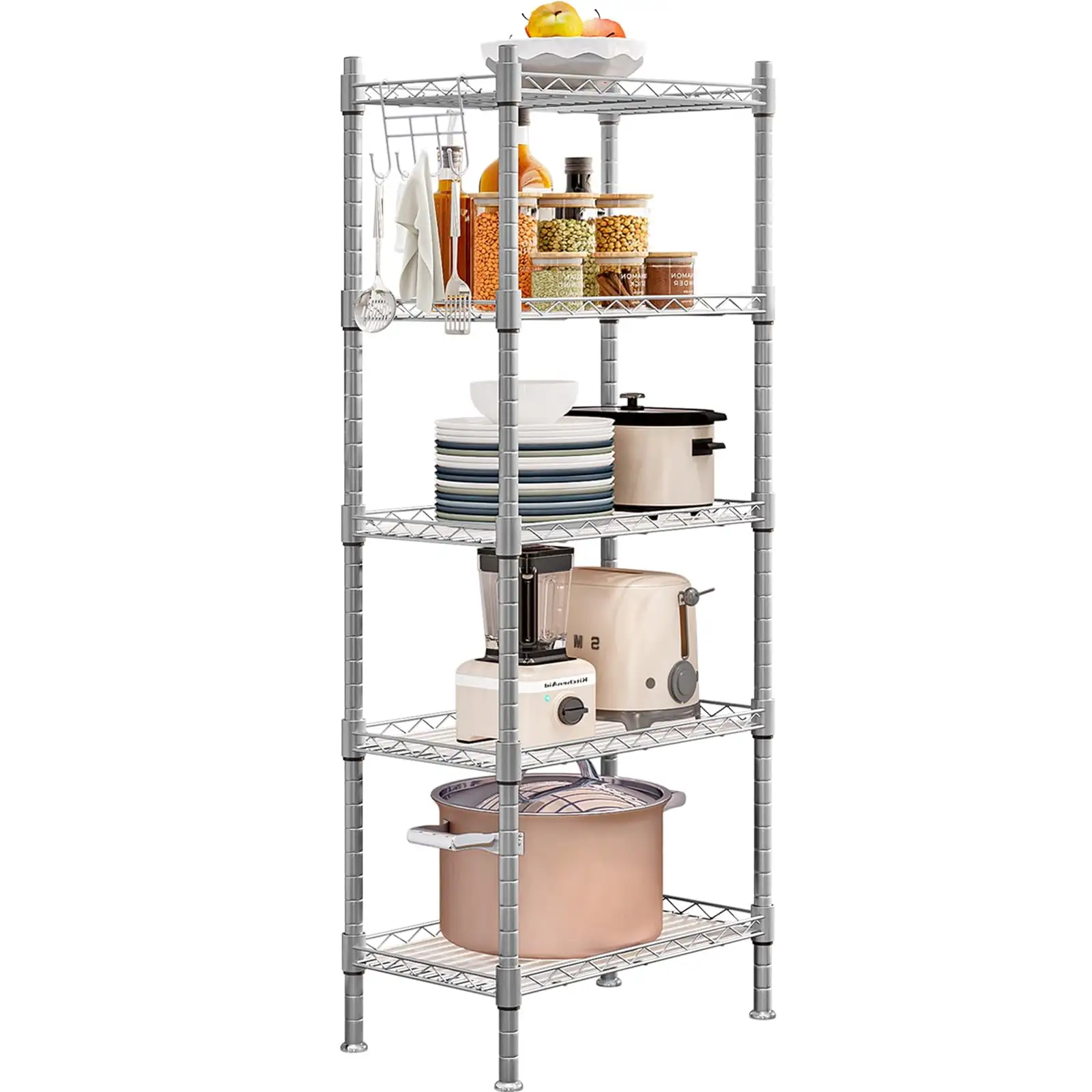 SUOERNUO Shelf 5 Tier Metal Storage Rack Shelving Unit Organizer for Kitchen Laundry Garage Bathroom Pantry Closet Office(16.54 Wx11.81 Dx50 H. Sliver)