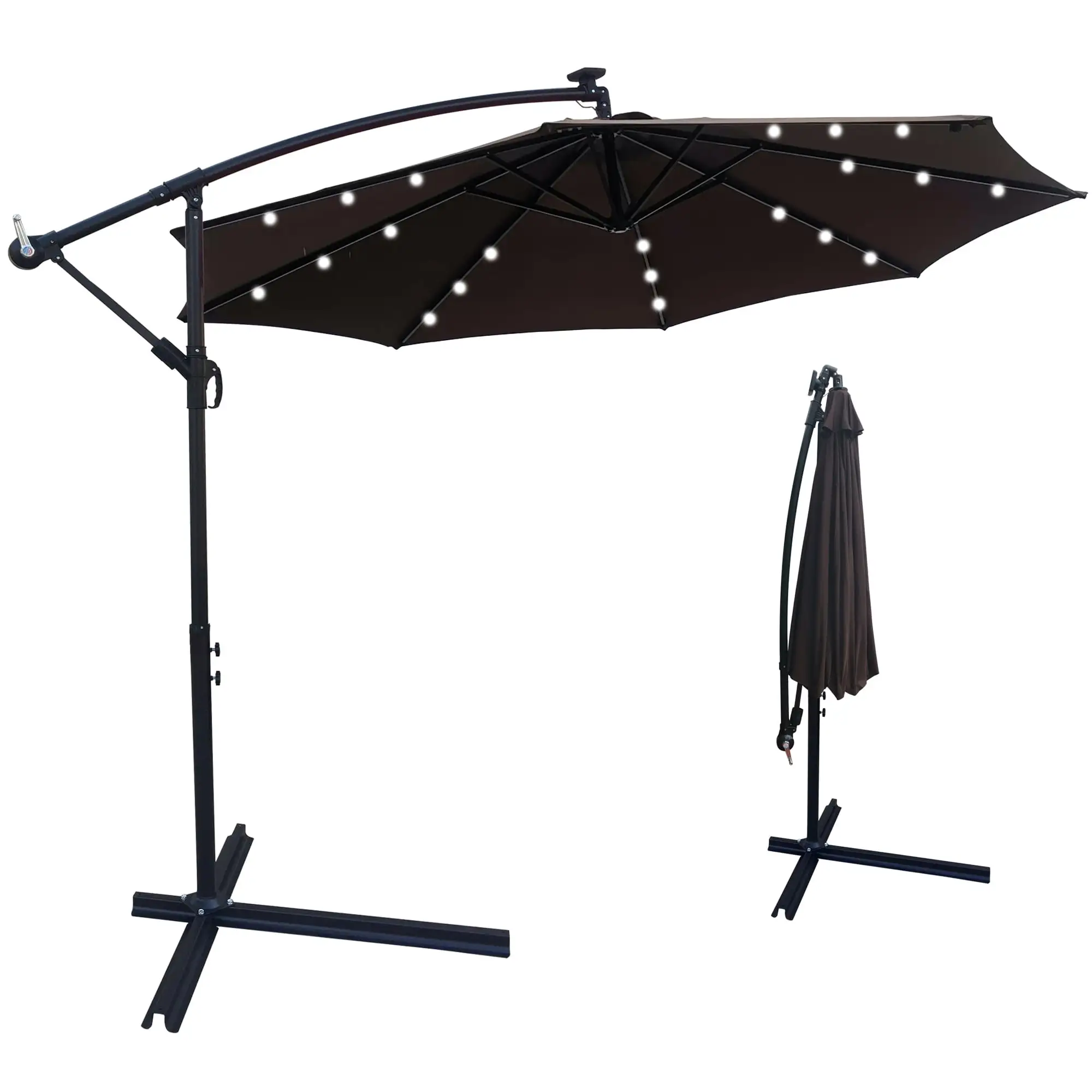 SYNGAR 10ft Solar Outdoor Umbrella. LED Lighted Patio Umbrella with Solar Panel. 24 LED Bulbs & Crank Rotate System. Solar Powered Hanging Umbrella for Patio. Garden. Yard. Poolside. Chocolate. D115