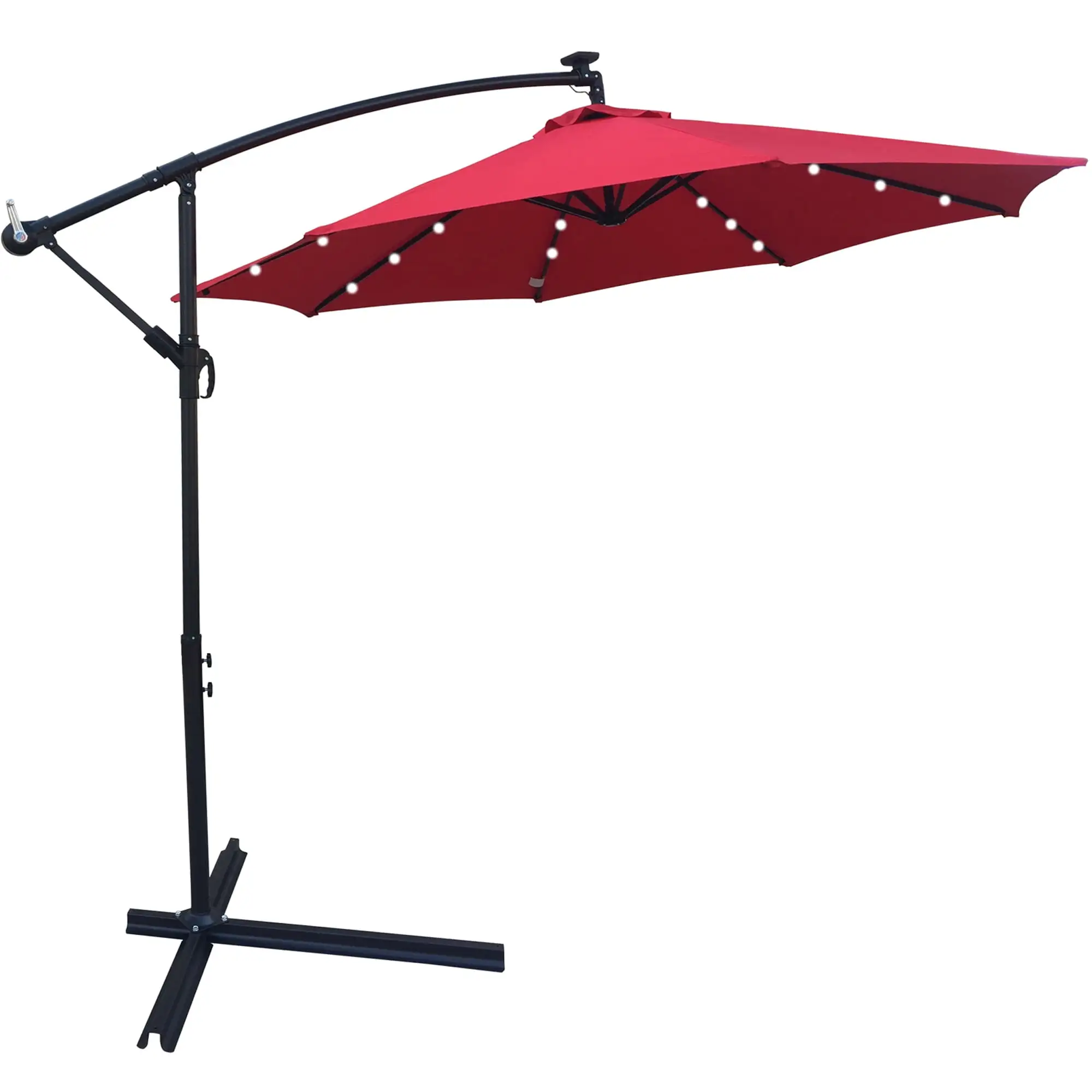 SYNGAR Solar Powered Outdoor Umbrella. 10 ft Patio Offset Hanging Umbrella with 24 Solar Powered LED Lights. Crank & Cross Base. Outdoor Patio Umbrella for Backyard Poolside Lawn Garden. Red. D093