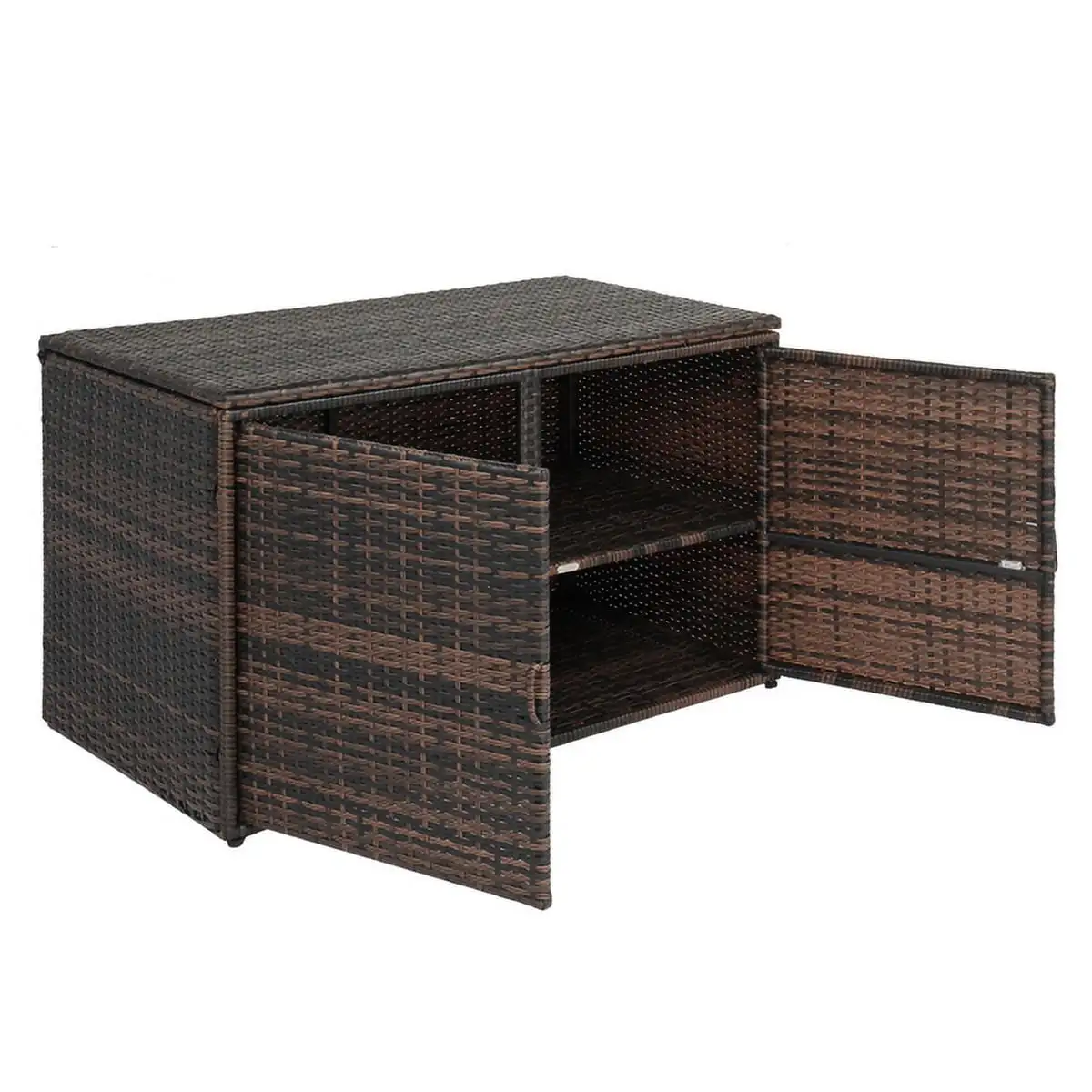 SYTHERS 104 Gallon Outdoor Storage Bench. Patio Mix Brown Wicker Deck Box with Waterproof Liner and Double Door