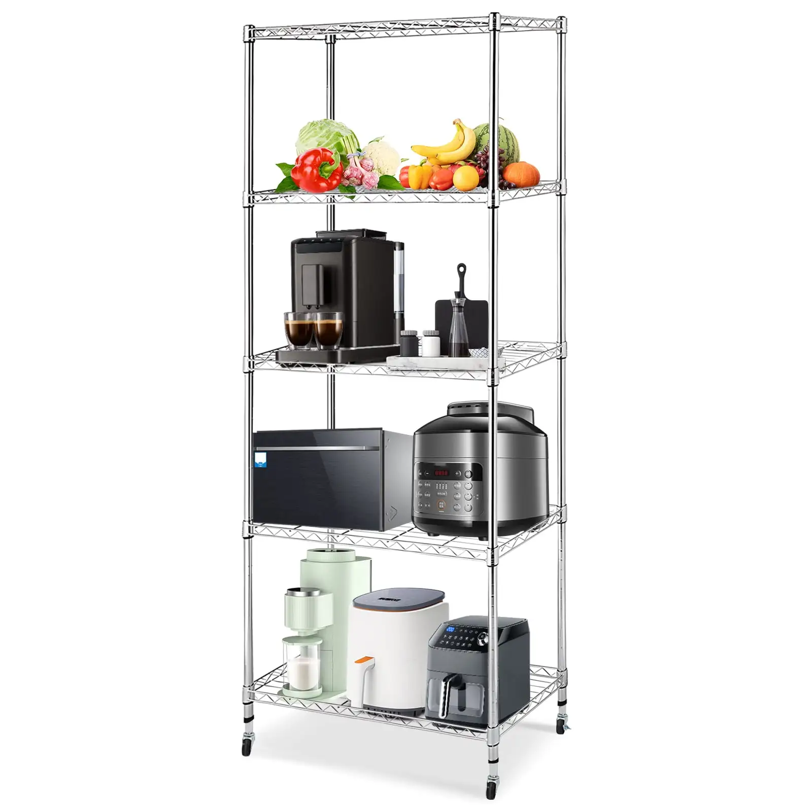 SYTHERS 5-Shelf Metal Storage Rack. 24x 70x 18 Wire Shelving Unit with Wheels. Heavy Duty Kitchen Organizer Shelf. Capacity for 220 lbs Per Shelf. Silver