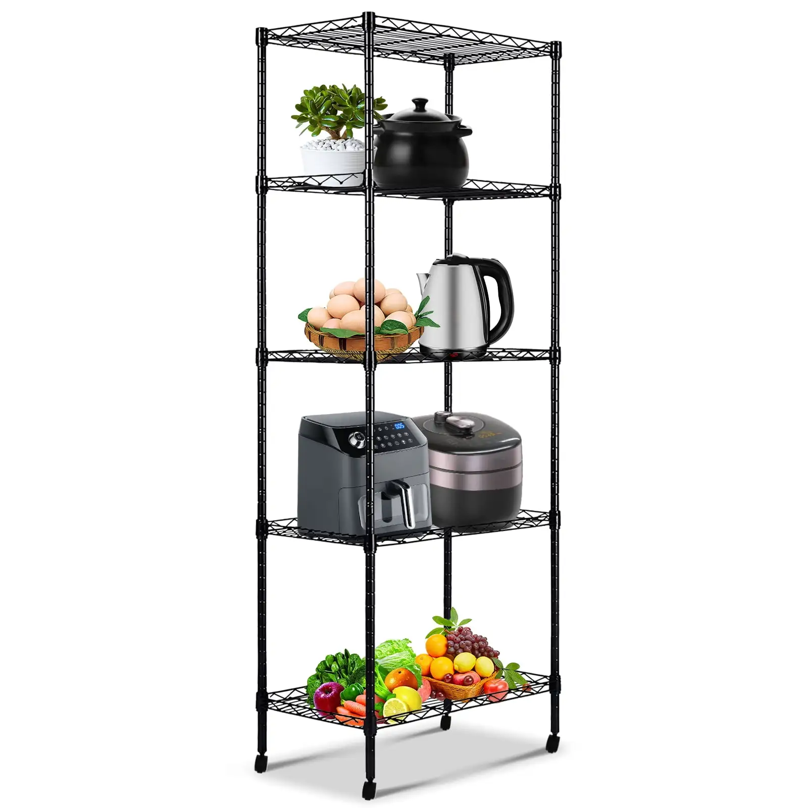 SYTHERS 5-Shelf Metal Storage Rack. 36x65x14 Wire Shelving Unit with Wheels. Heavy Duty Kitchen Organizer Shelf. Capacity for 180 lbs. Black