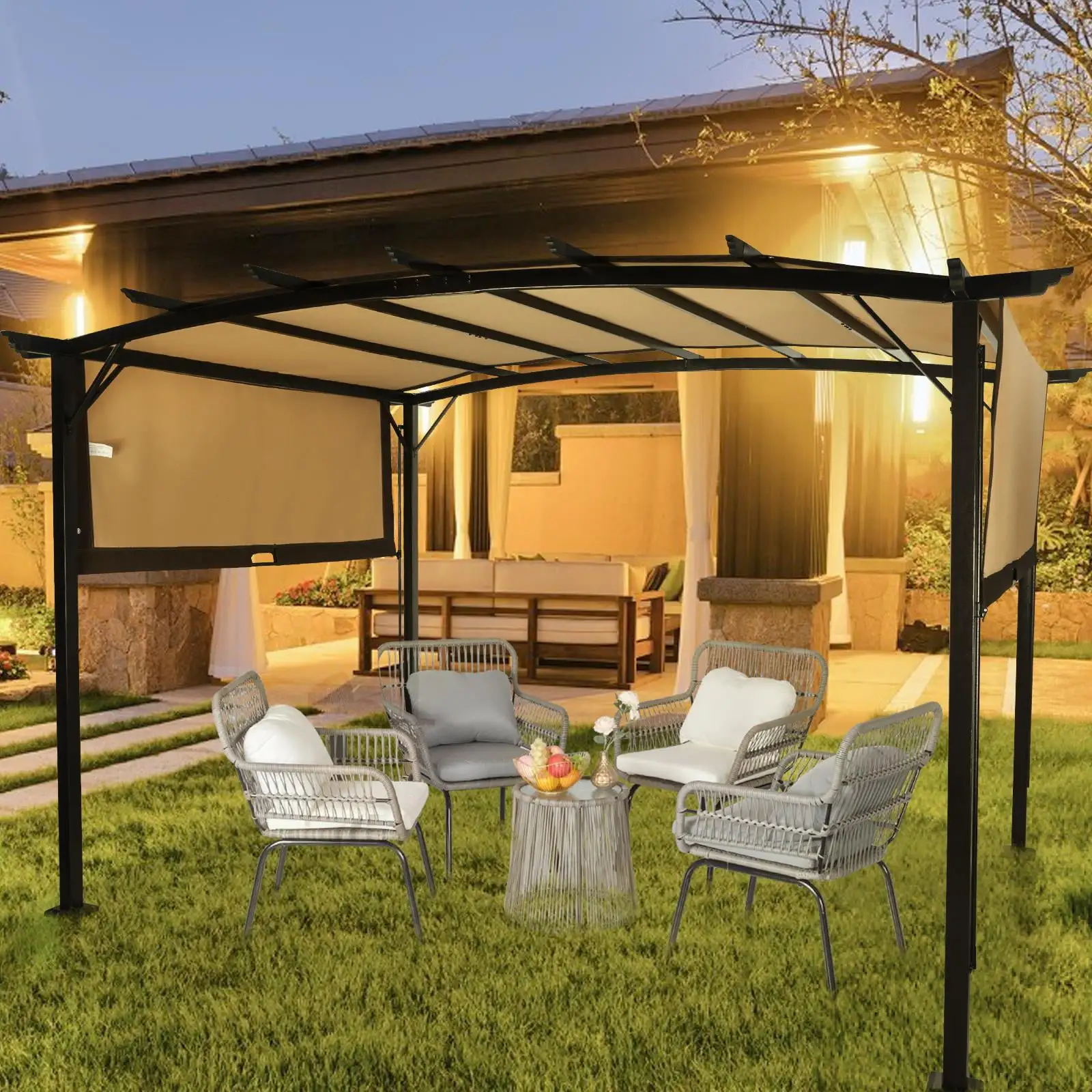 SamyoHome 12' x 9' Pergola Adjustable Shade Fabric Curved Top Folding Shed Garden Brown