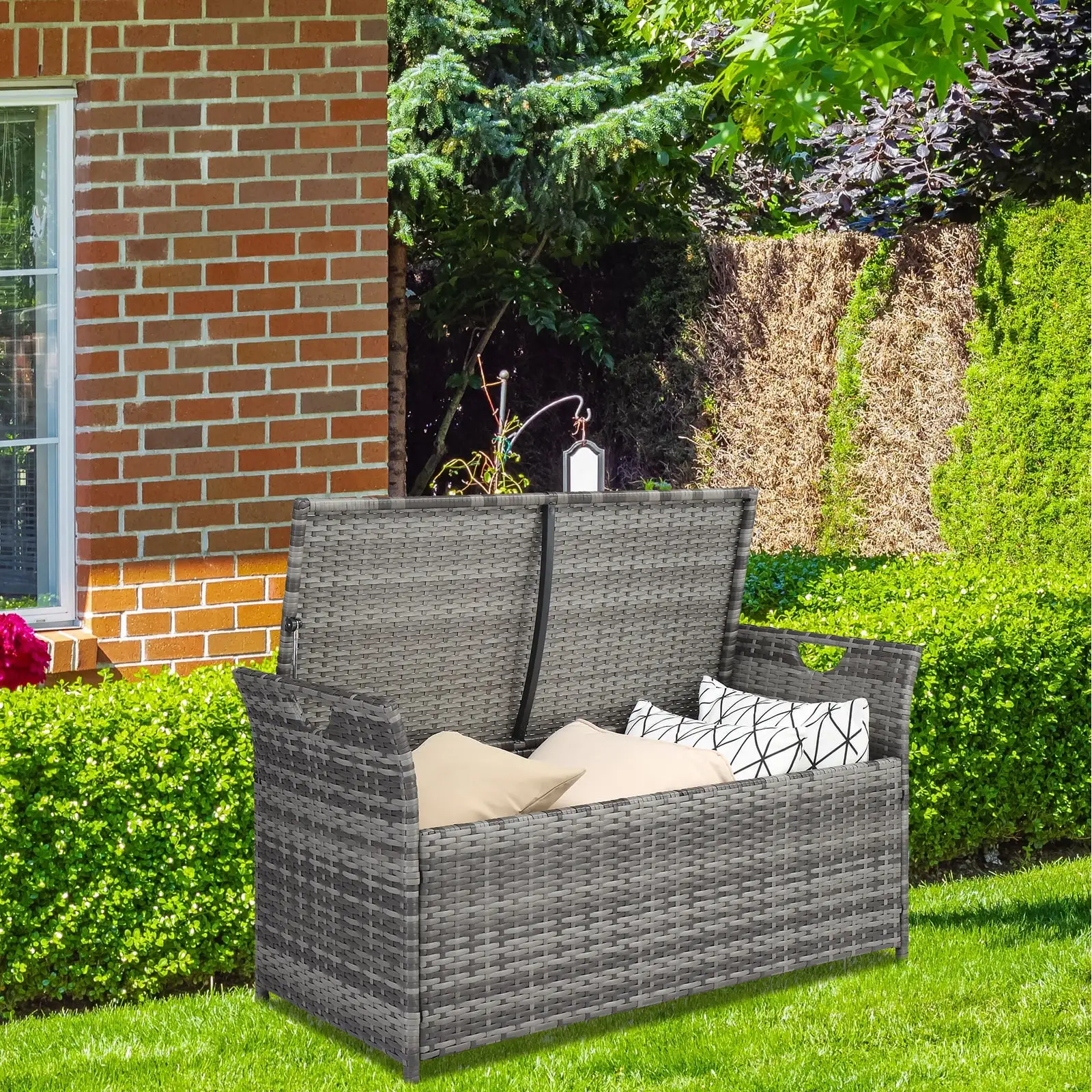 SamyoHome 33-Gallon Wicker Storage Box and Bench - Dual-Purpose Convenience. Storage Box for Garden. Bedroom. Apartment. Gray