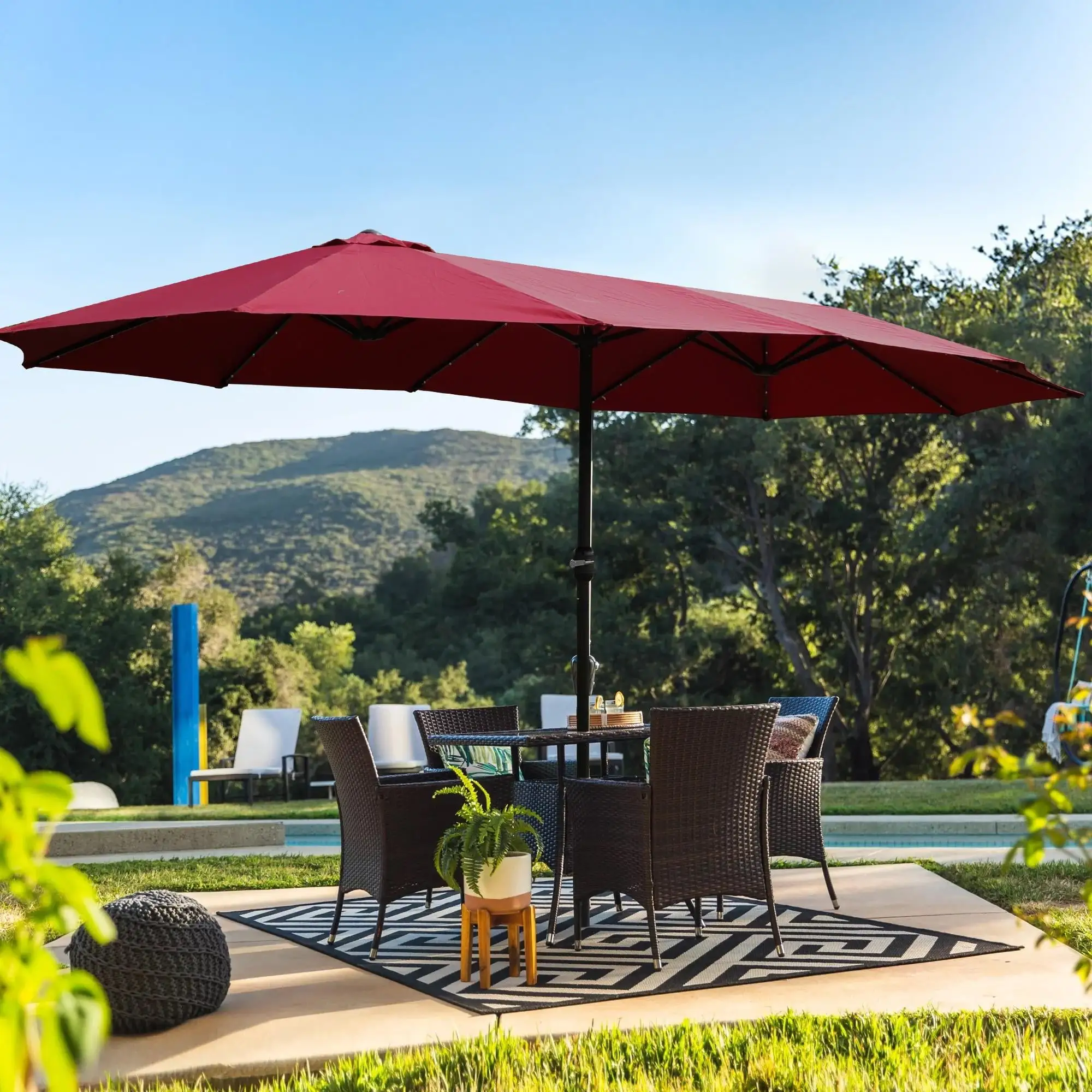 Segmart 15ft Patio Umbrella with Base & Solar Lights. Outdoor Large Twin-size Rectangle Market Umbrellas for Pool Lawn Garden. Patio Sided Umbrella with 12 Strong Ribs & Ventilation Openings. Red