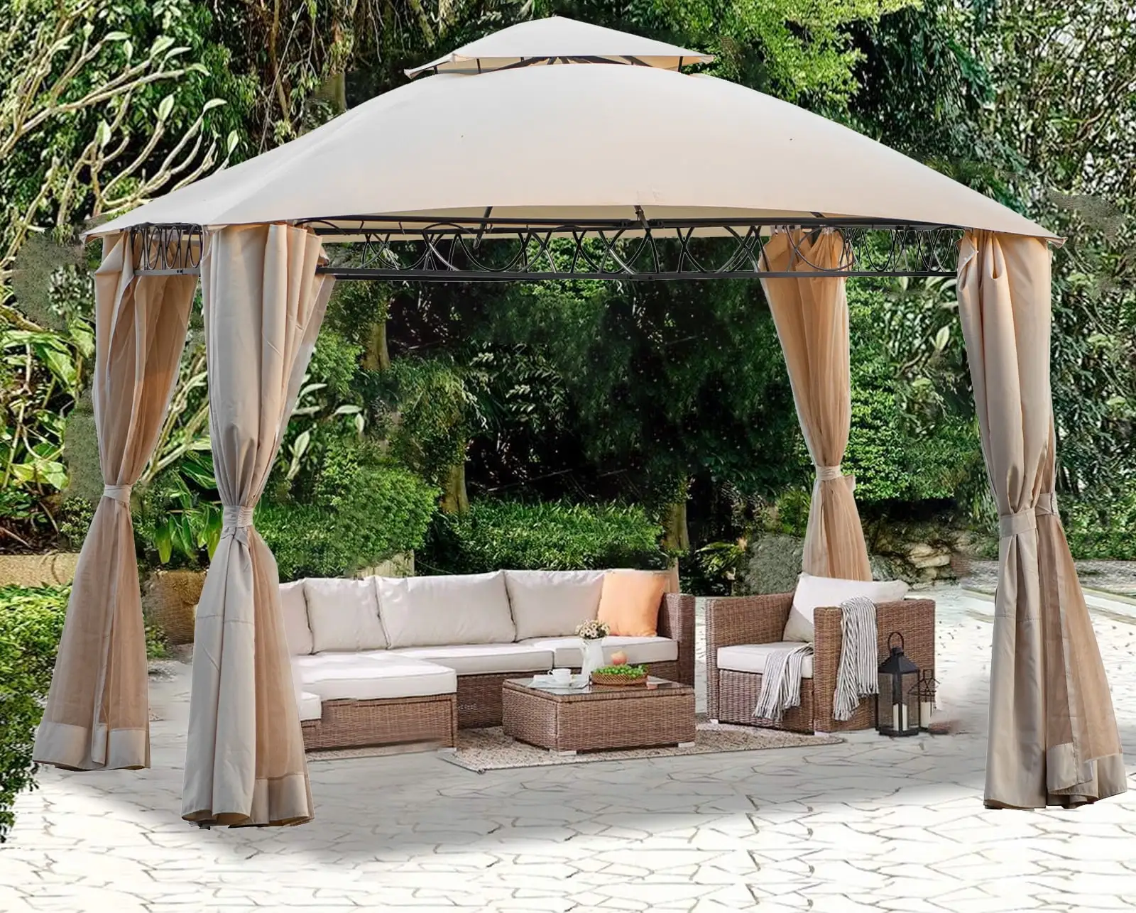 Seizeen 113in Large Outdoor Gazebo Canopy Clearance. Patio Hexagonal Hot Tub Gazebo W/. All-Weather Canopy Tent With Corner Curtain for Party. Picnic. Camping. BBQ. Wedding