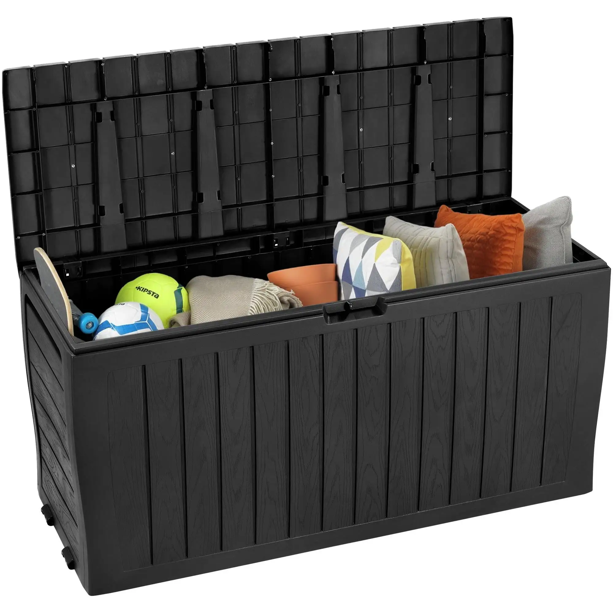 Seizeen 75 Gallon Resin Deck Box on Wheels. Patio Large Storage Cabinet. Outdoor Waterproof Storage Chest. Storage Container for Outside Furniture Cushions. Garden Tools. Kids' Toys. Black. D7226