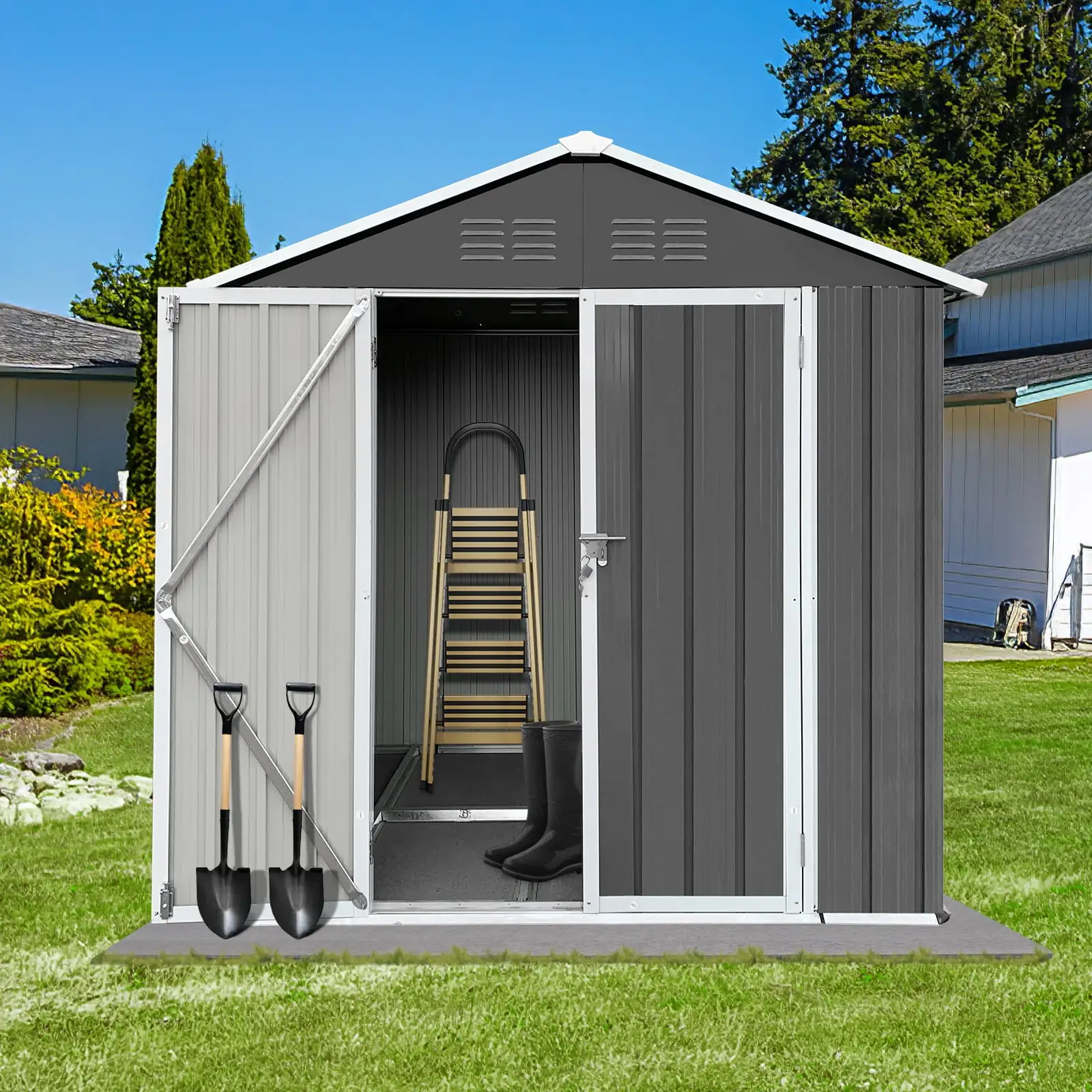 Sesslife 6' x 4' Outdoor Storage Shed. Metal Garden Shed with Double Lockable Doors and Floor Frame. Vertical Tool Storage Shed for Patio. Garden. Backyard. Lawn. Dark Gray