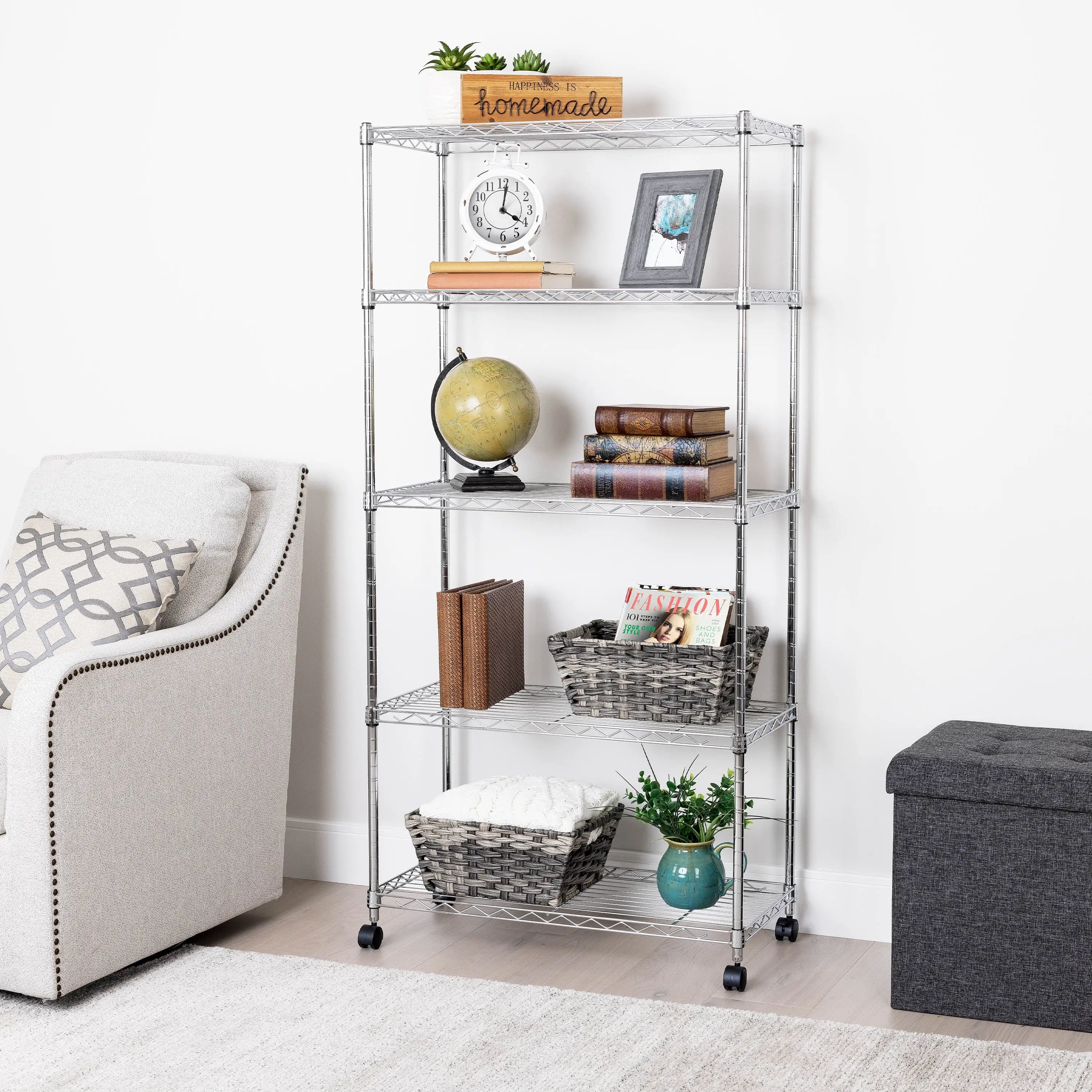 Seville Classics 5-Tier Steel Wire Shelving with Wheels. 30 W x 14 D x 60 H. Chrome