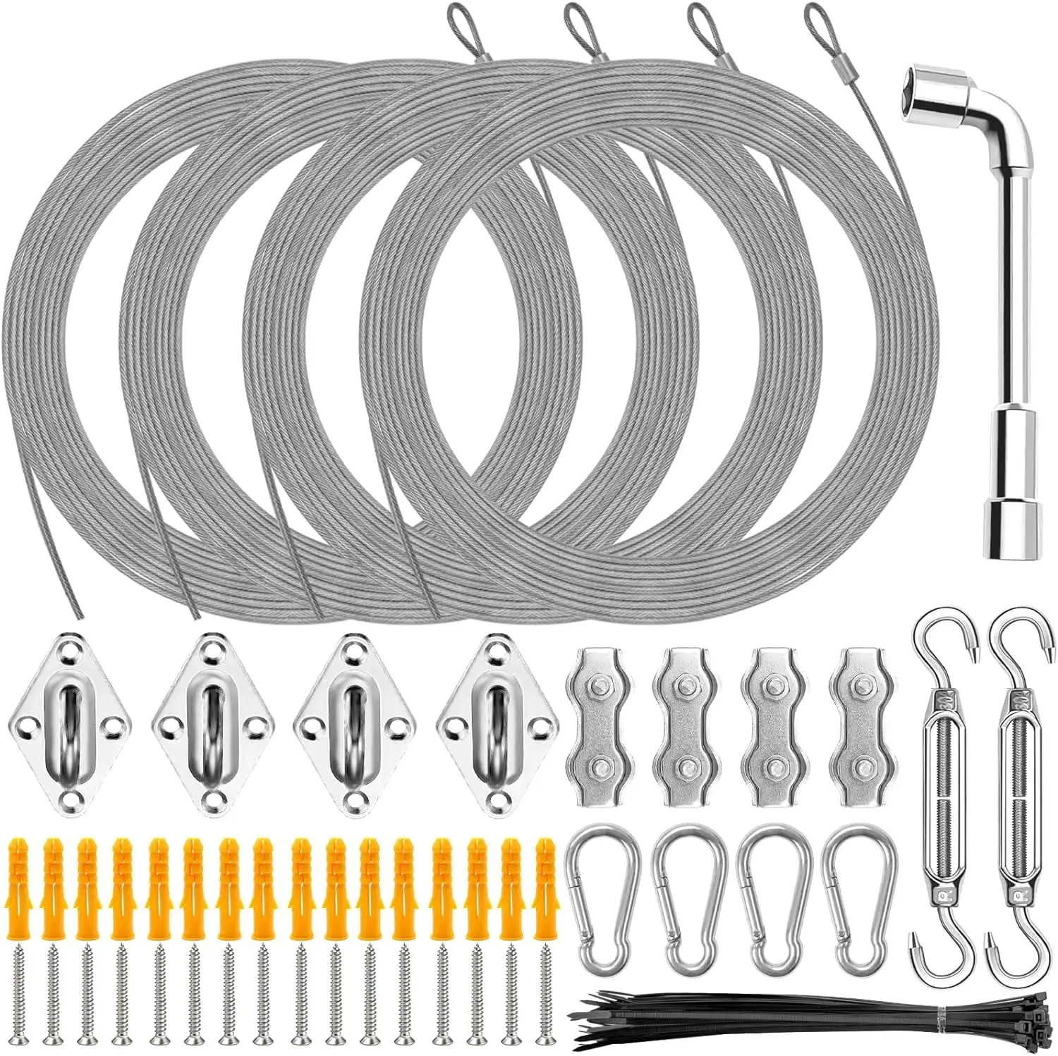 Shade Sail Hardware Kit with 4Pcs 12FT Length Extension Wire Rope.304 Stainless Steel Shade Awning Kit. Sun Shade Sails Installation Kits for Rectangle Square Triangle Shade Canopy