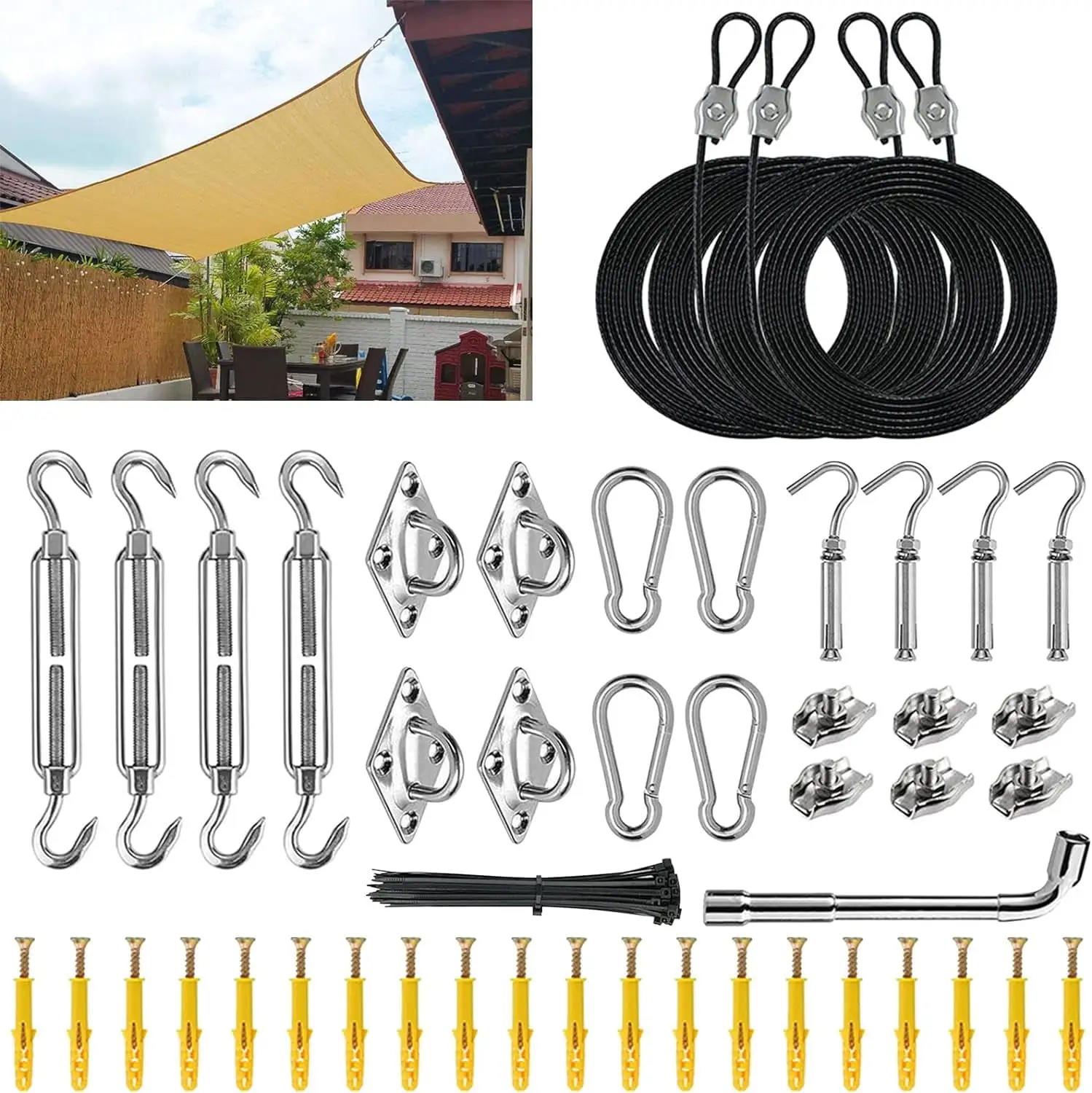 Shade Sail Hardware Kit with 4pcs 13ft Nylon Coated Cable Wires. Sun Shade Sail Hardware Kit. 304 Stainless Steel Shade Sail Installation Kit for Triangle Rectangle Shade Sail for Garden