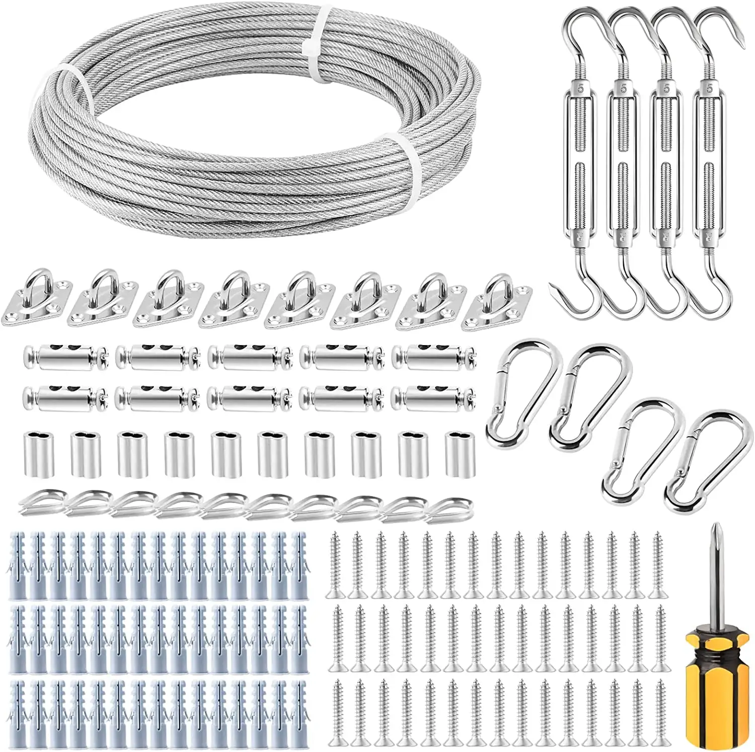 Shade Sail Hardware Kit with Cable Wire 66FT. Stainless Steel Sun Shade Sail Installation Kit. Turnbuckles Eye Hook Kit for Garden Triangle and Square. Rectangle. Awning. Outdoor Lawn