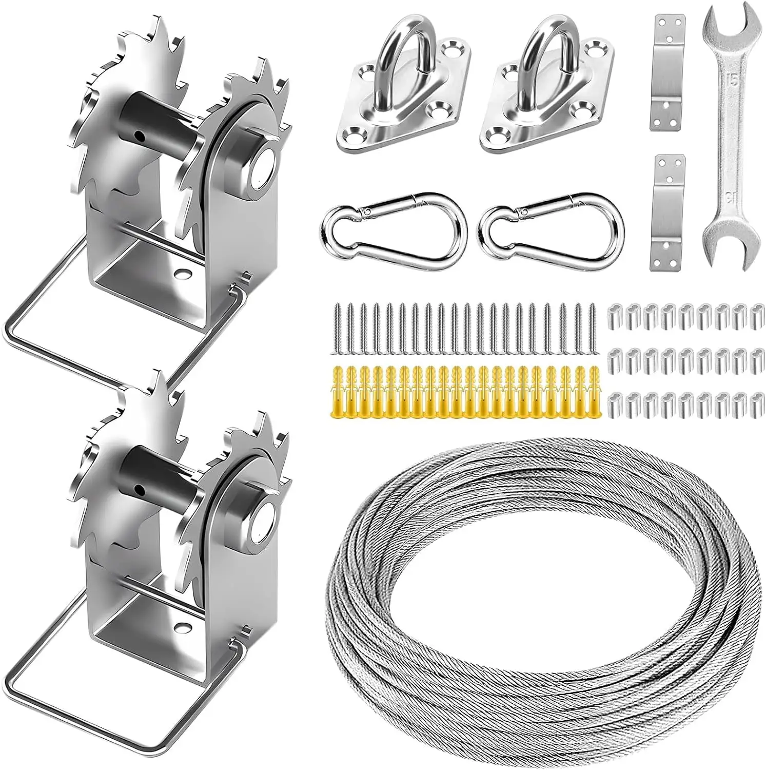 Shade Sail Hardware Kit Include Winches & Wire Rope.Anti-Rust Stainless Steel Sun Shade Hardware Kit for Rectangle Square Triangle Shade Sail Installation(75 PCS)