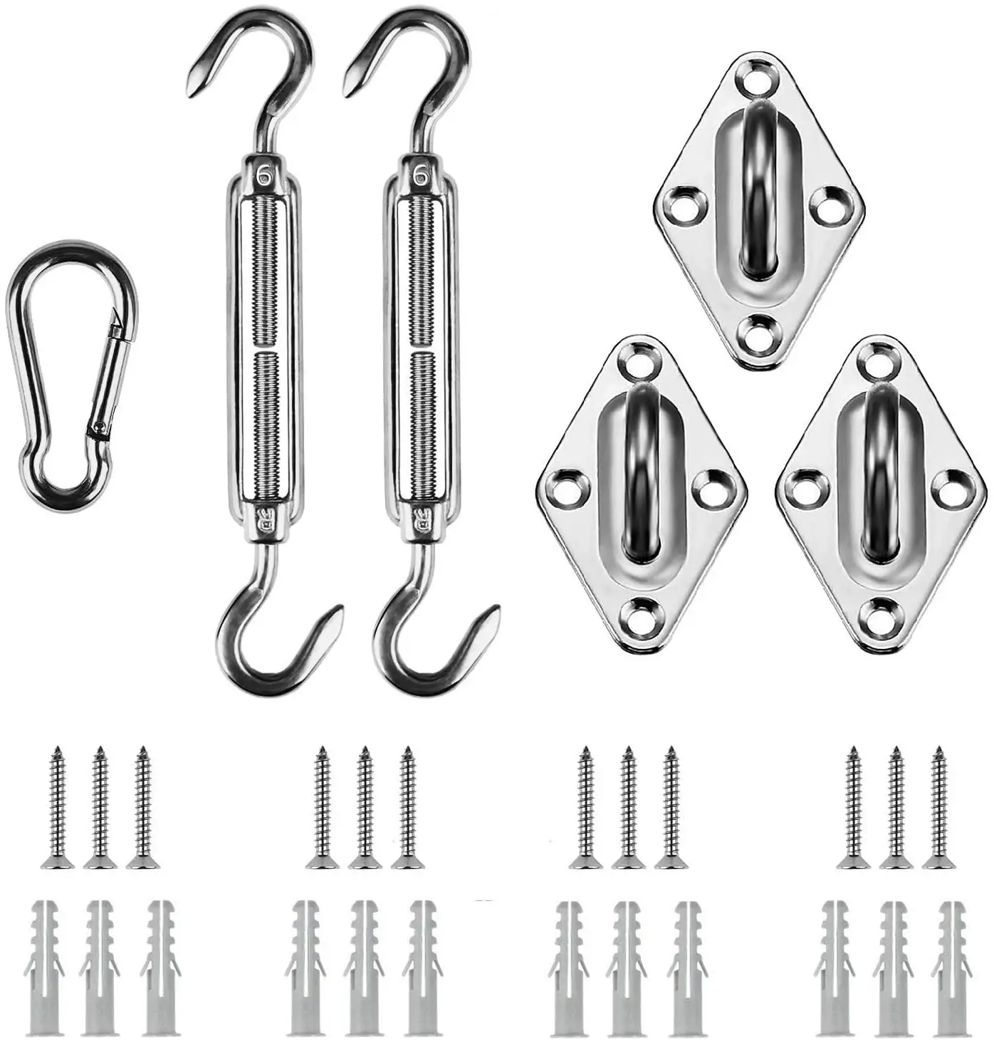 Shade Sail Hardware Kit Triangle. 6 Inches Stainless Steel Sun Shade Sails Installation for Lawn Garden. 18 Pcs Silver