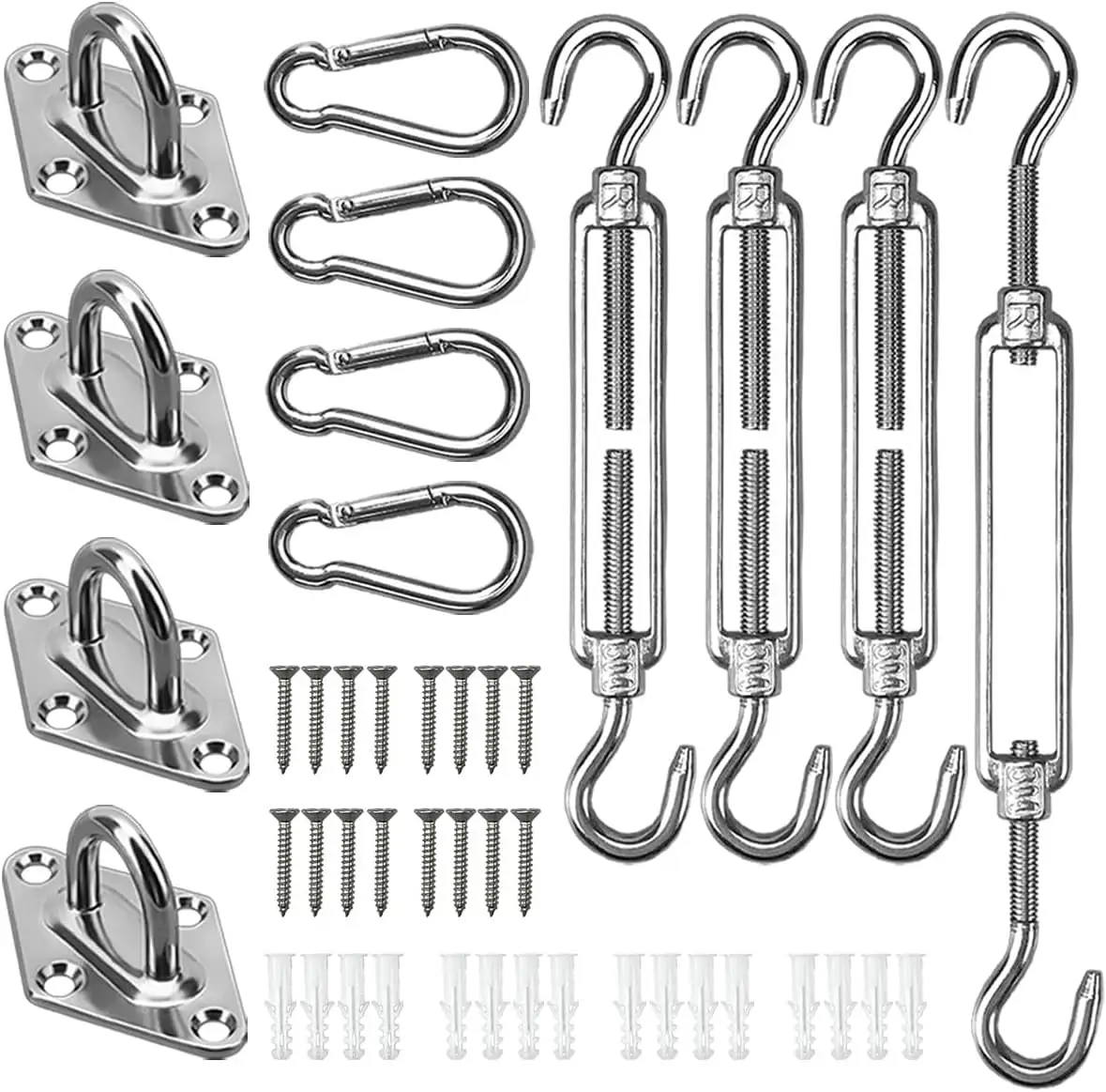 Shade Sail Hardware Kit for Triangle Rectangle. 304 Stainless Steel Sun Shade Hardware for Garden Outdoors. 44 Pcs. Silver