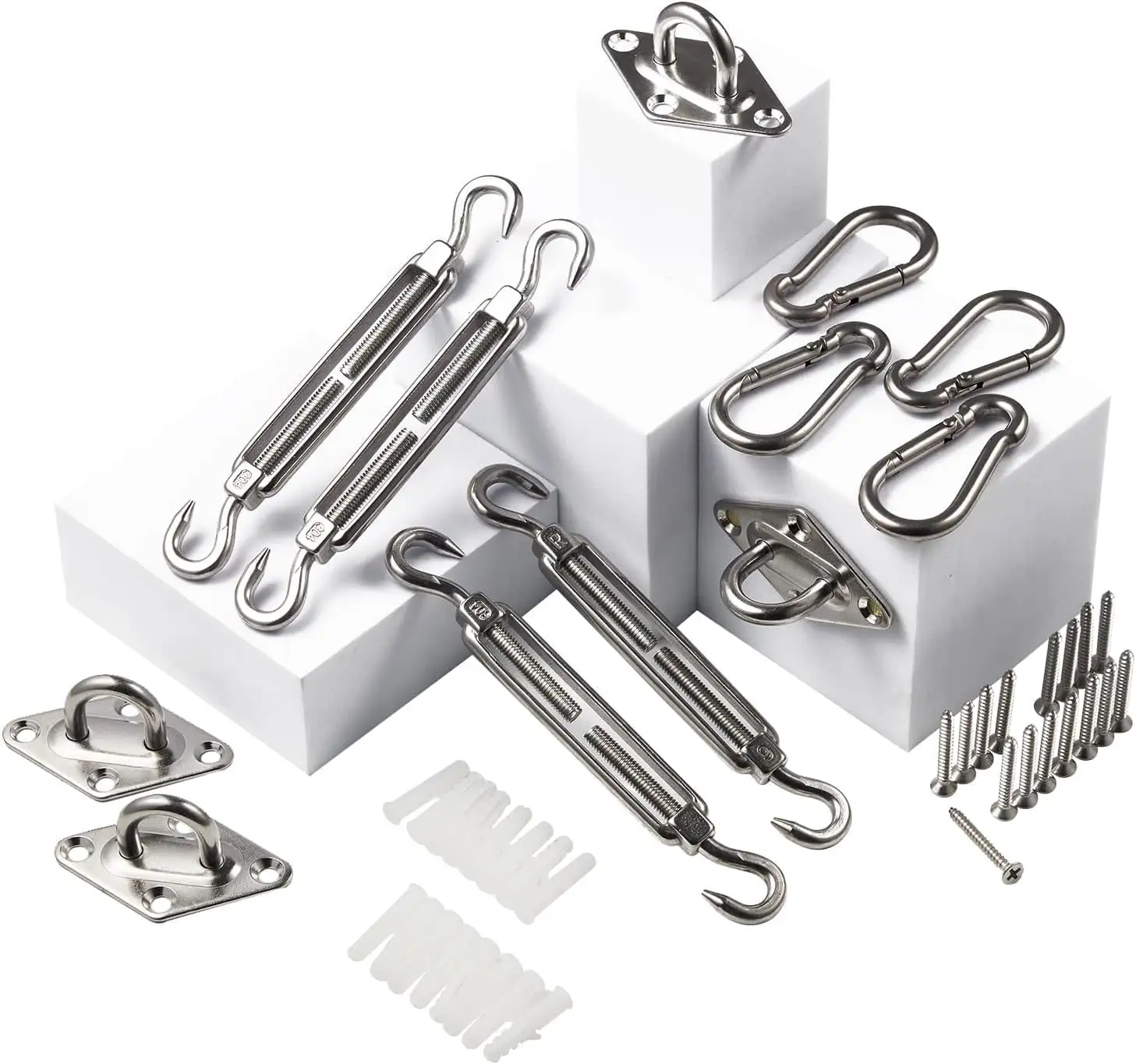 Shade Sail Hardware Kit for Triangle Rectangle Sun Shade Sail Outdoor Installation. Heavy Duty 304 Stainless Steel Hardware. 44Pcs