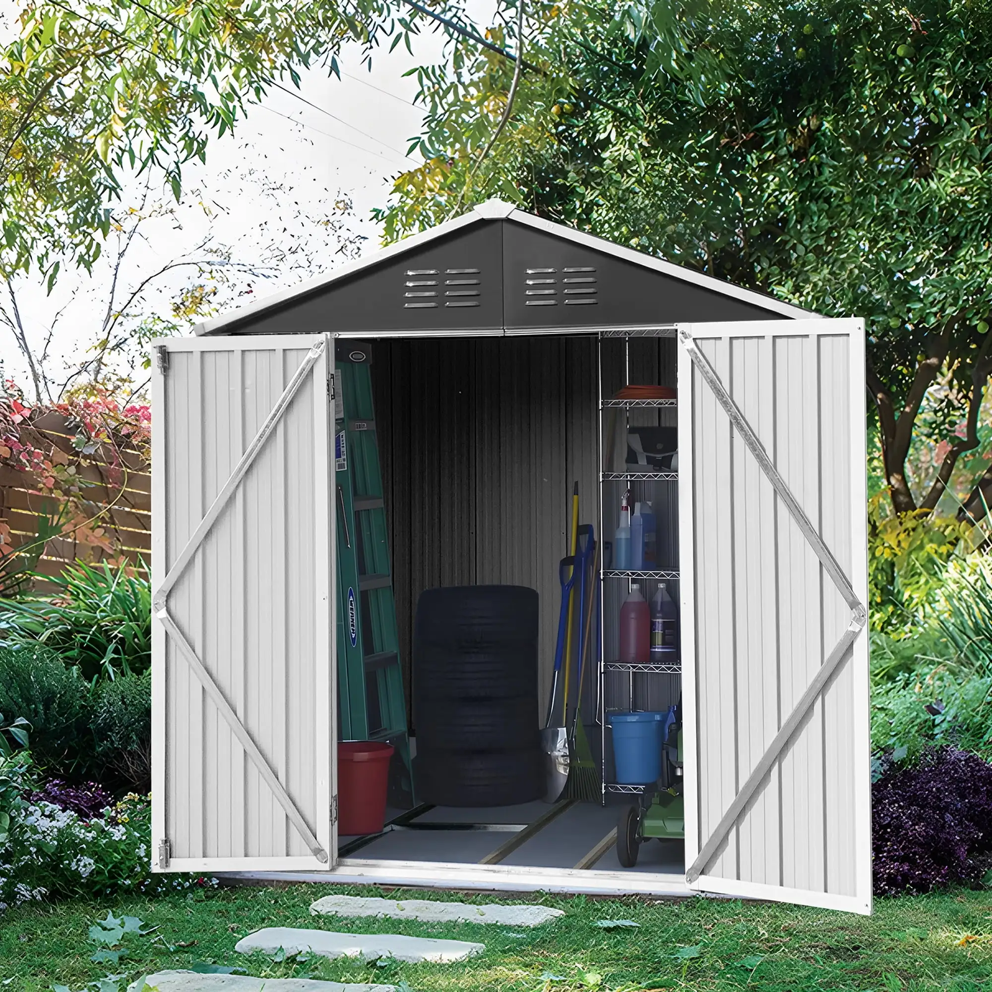 Shinpt 6 x 4Ft Outdoor Storage Shed. All Weather Metal Sheds with Metal Foundation & 2 Lockable Doors. Tool Shed for Garden. Backyard. Lawn. Dark Grey