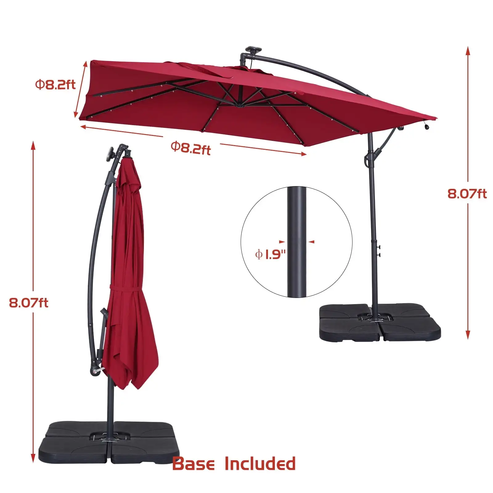 Siavonce Solar Square Patio Offset Umbrella with Base Red 8.3 *8.3*8.07FT