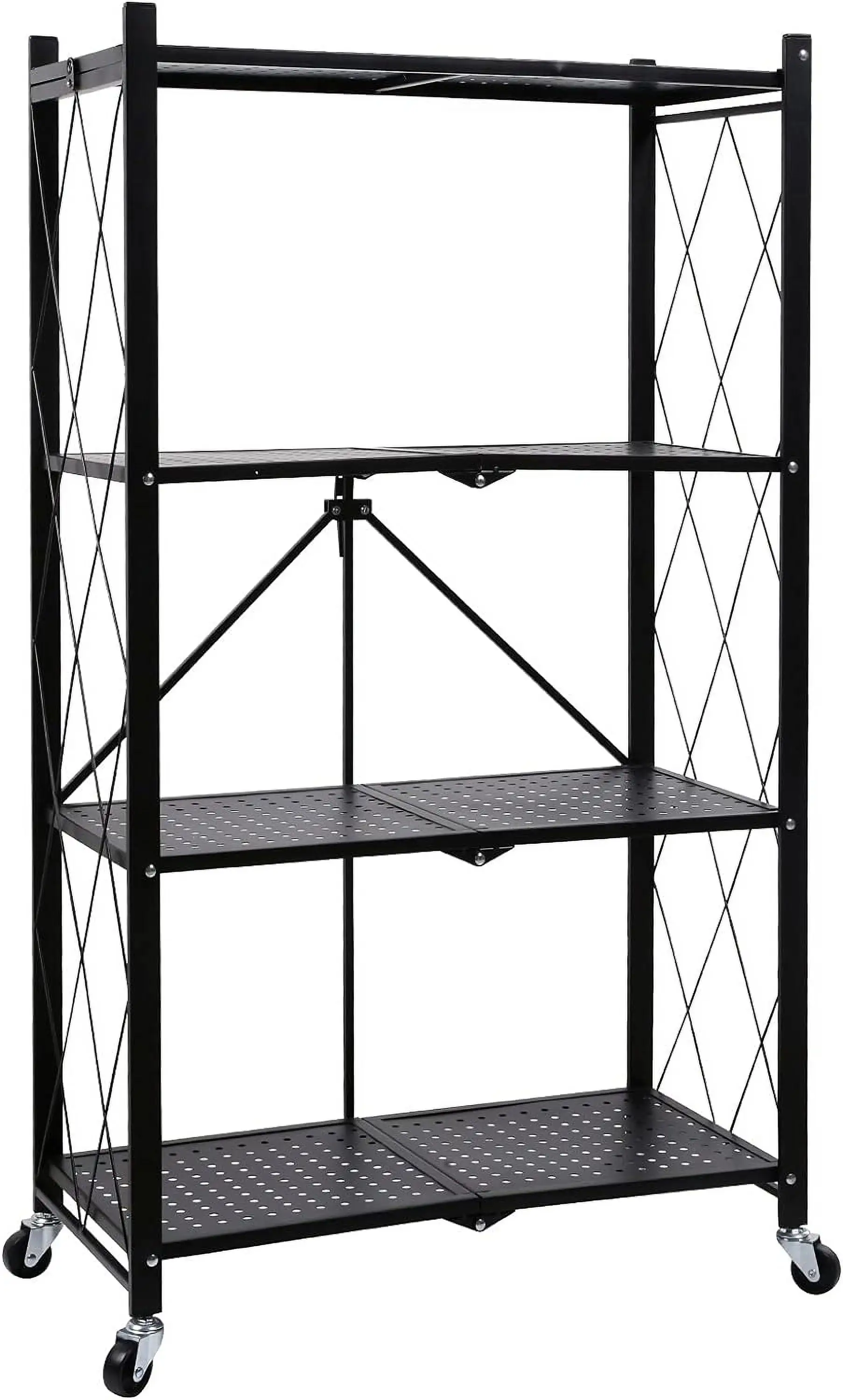 Simple Deluxe 4-Tier Heavy Duty Foldable Metal Rack Storage Shelving Unit with Wheels Moving Easily Organizer Shelves Great for Garage Kitchen. Black