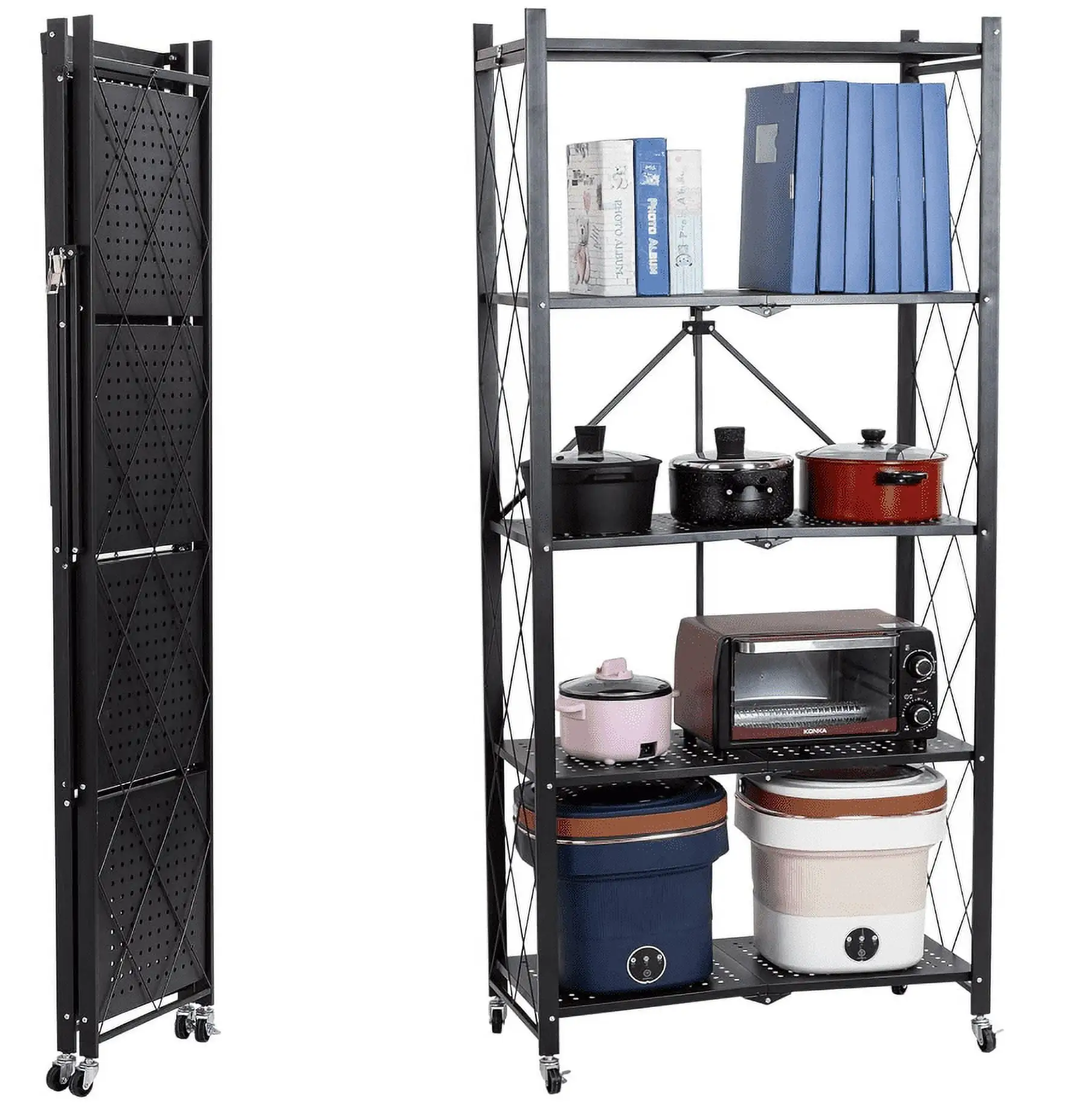 Simpli Furnished LLC 5-Tier Storage Shelving Unit. Heavy Duty Metal Shelf 27.9x13.4x62.5. Foldable Storage Shelf with Wheels. Garage Shelf. Metal Storage Rack. No Assembly