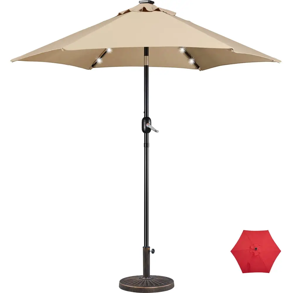 SmileMart 7.5FT LED Patio Umbrella with 6 Ribs & 18 LED Solar Lights + Patio Umbrella Base.Tan