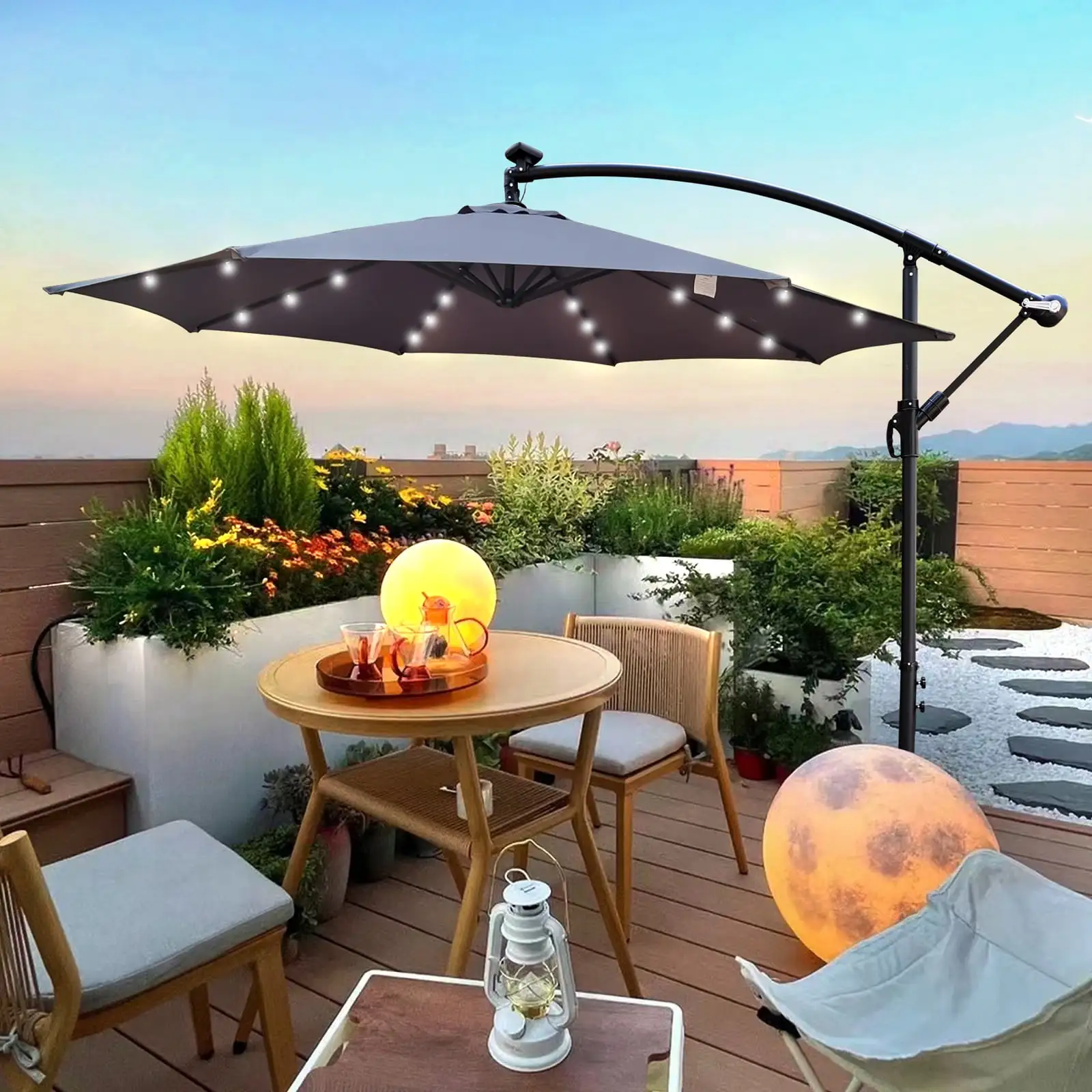 Smuxee 10 ft Patio Umbrella with Base and Crank. LED Lights Outdoor Umbrella.Gray