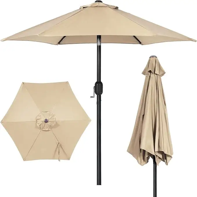 Soges 7.5FT Outdoor Umbrella. Patio Table Umbrella with Push Button Tilt. Crank Handle Opening. Beach Umbrella 6 Sturdy Ribs. UV Protection Waterproof. Khaki