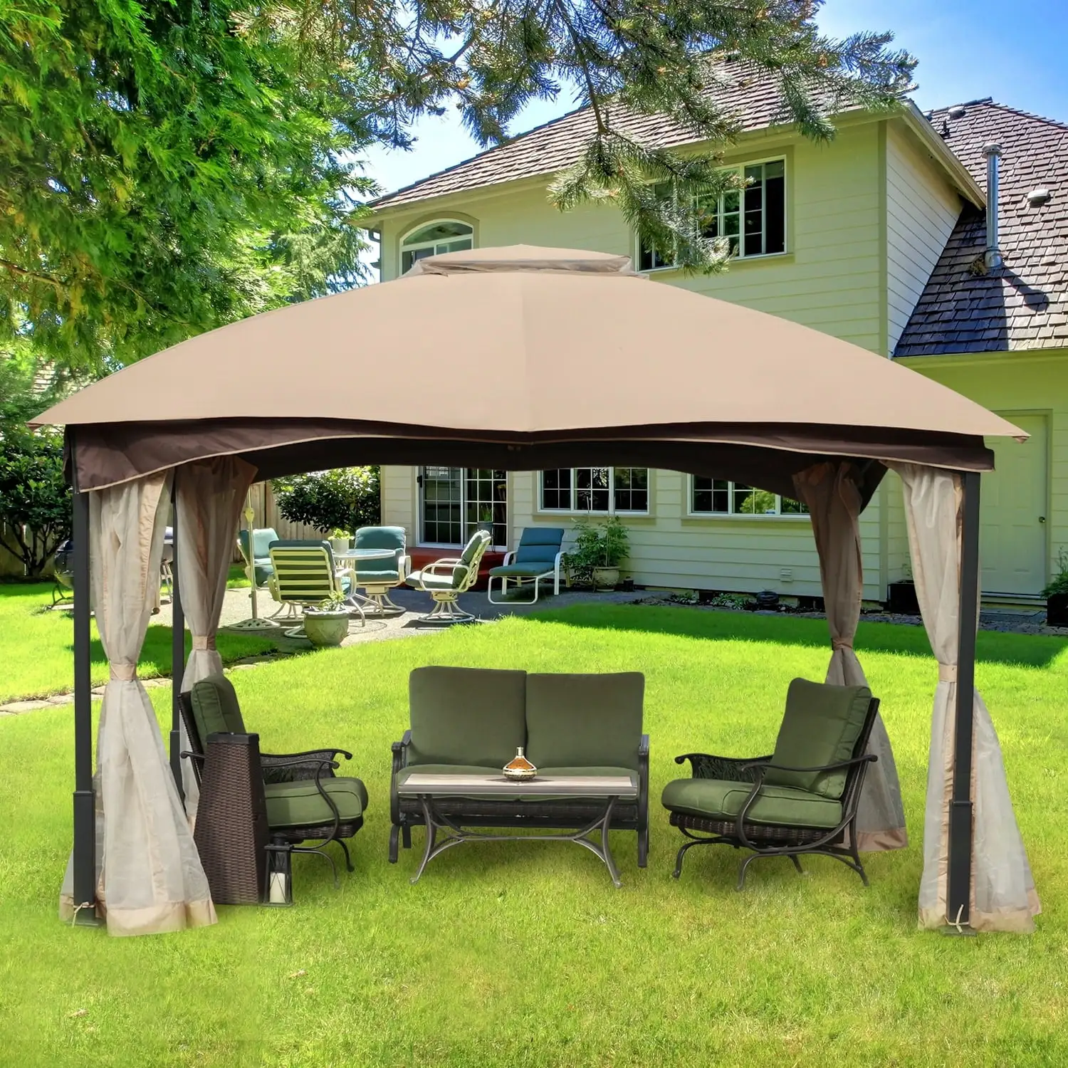 Sold by Aoodor Aoodor Metal Frame Patio Gazebo with Mesh Netting and Canopy Top Tan 12 x 12