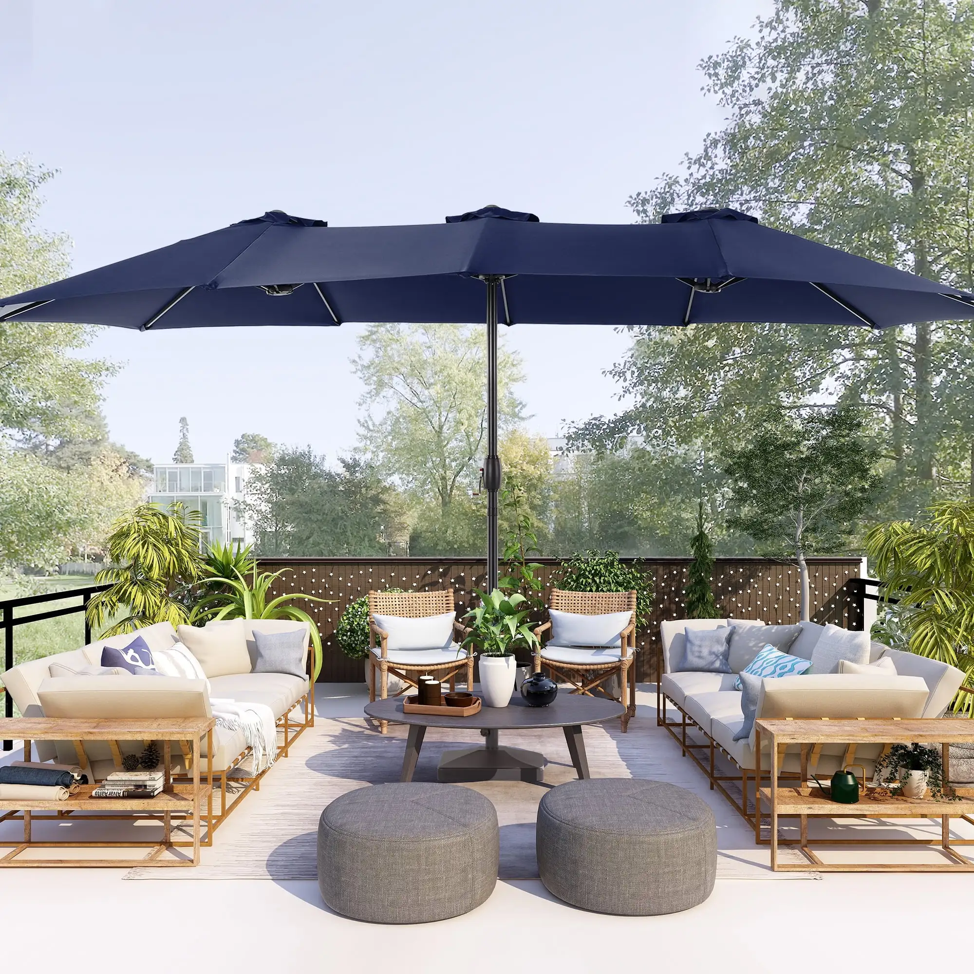 Sonerlic 15 x 9ft Double-Sided Patio Umbrella with Large Canopy Outdoor Table Umbrella for Garden. deck and pool.Navy Blue