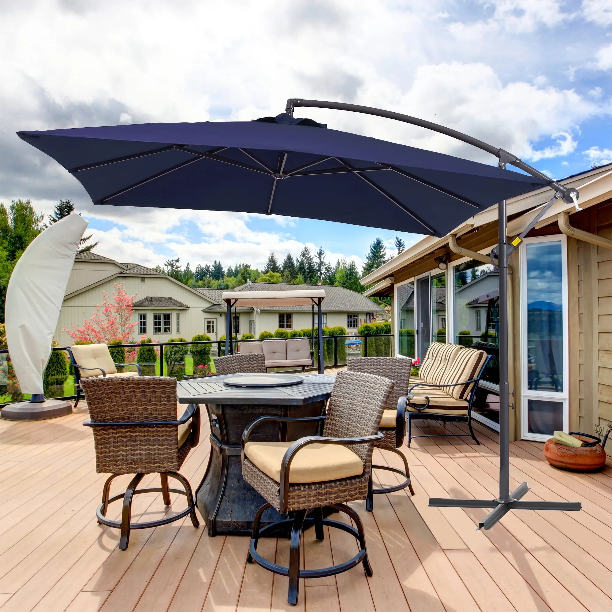 Sonerlic 8.2 x 8.2ft Patio Offset Umbrellas Outdoor Hanging Market Patio Umbrella. 50+ UV Protection Cantilever Outside Umbrellas for Yard. Pool and Deck.Navy Blue