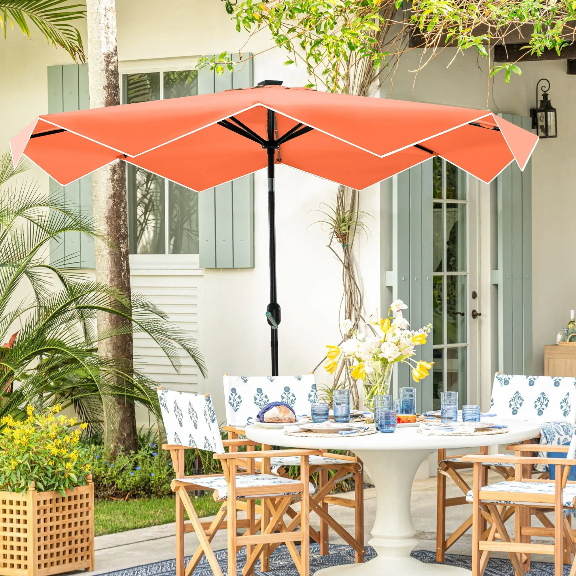 Sophia & William 9FT Outdoor Patio Umbrella Solar LED Umbrella with Crank Handle. Orange