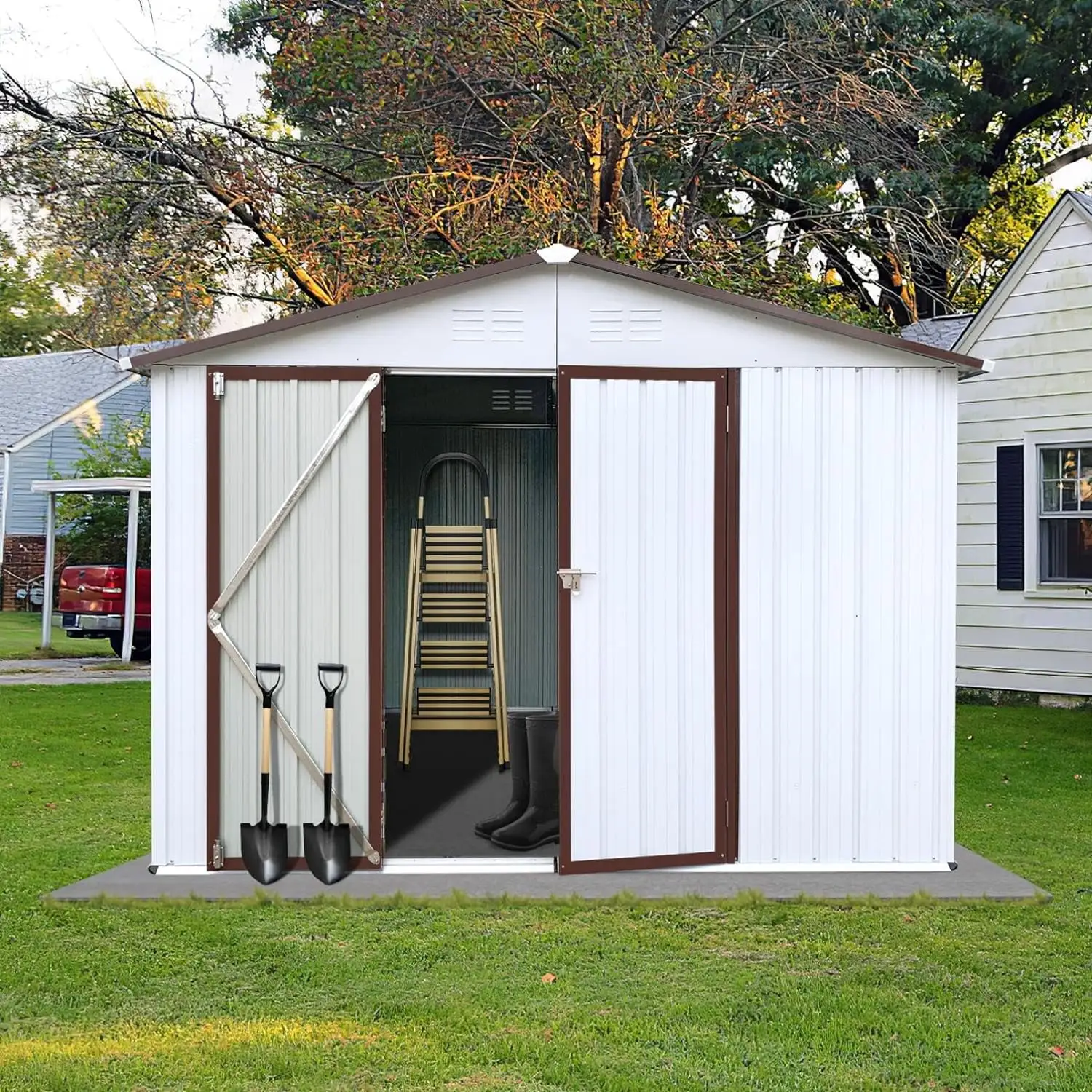 Spacious 6ft x 8ft Metal Garden Shed - White & Offee Outdoor Storage Shed with Pent Roof and Floor Foundations . Waterproof & Lockable. Ideal for Tools and Equipment