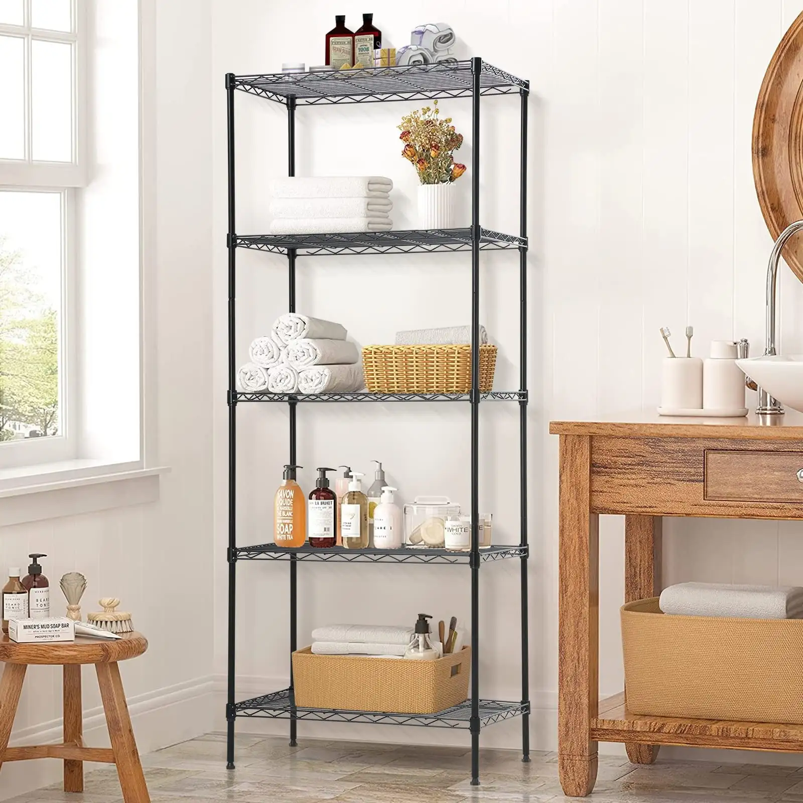 Storage Metal Shelf. 5 Tier Heavy Duty Shelves. Organizer Metal Wire Rack. NSF Wire Shelving Unit for Garage Pantry Closet Kitchen Office Laundry. 750 Lbs(Black)