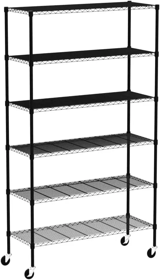 Storage Metal Shelf Wire Shelving Unit 2100Lb Capacity Adjustable Heavy Duty 6-Tier Storage Rack with Wheels NSF Metal Shelf for Restaurant Closet Garage Basement Pantry. 82x48x18. Black