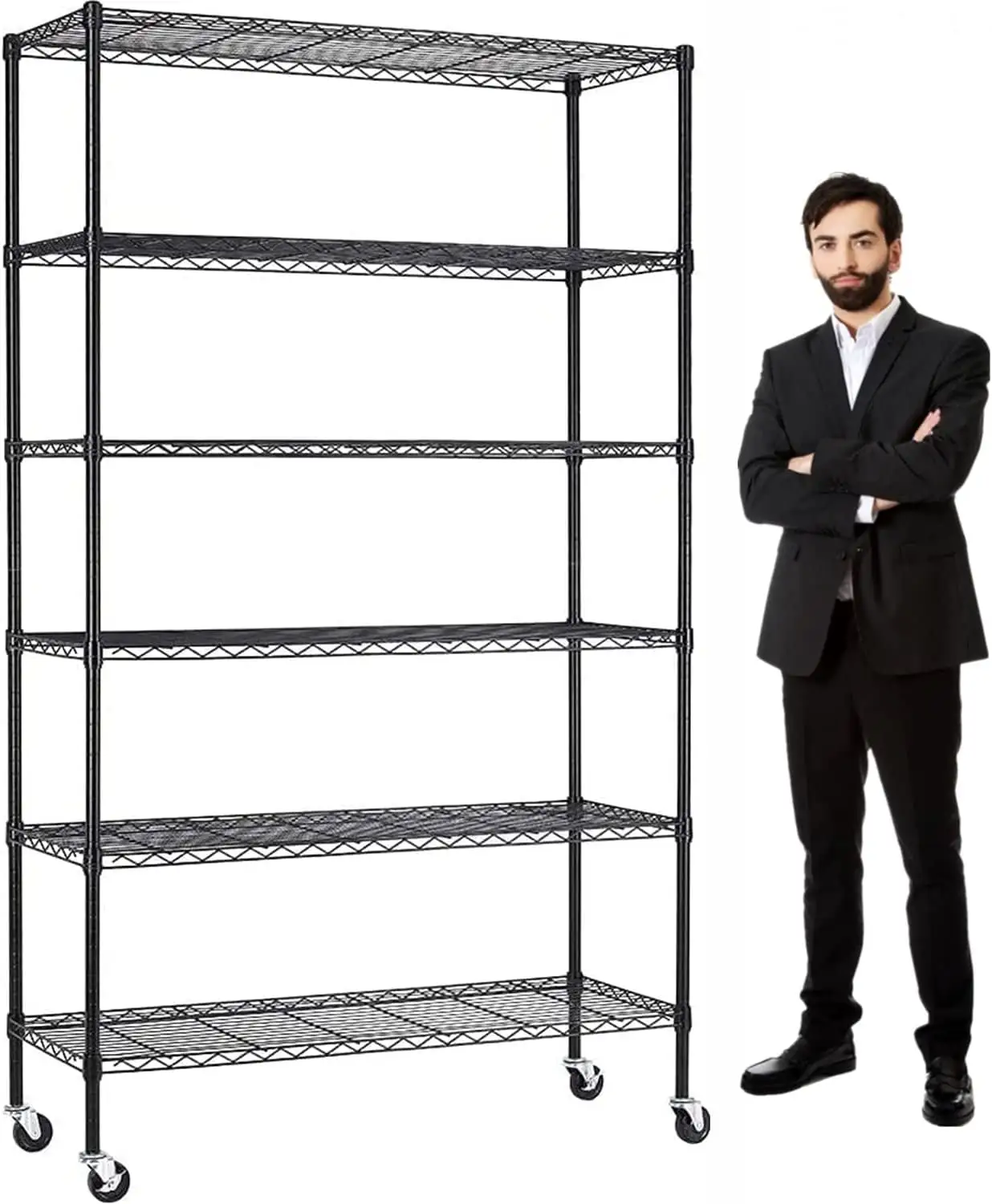 Storage Metal Shelf Wire Shelving Unit 2100Lb Capacity Adjustable Heavy Duty 6-Tier Storage Rack with Wheels NSF Metal Shelf for Restaurant Closet Garage Basement Pantry. 82x48x18. Black