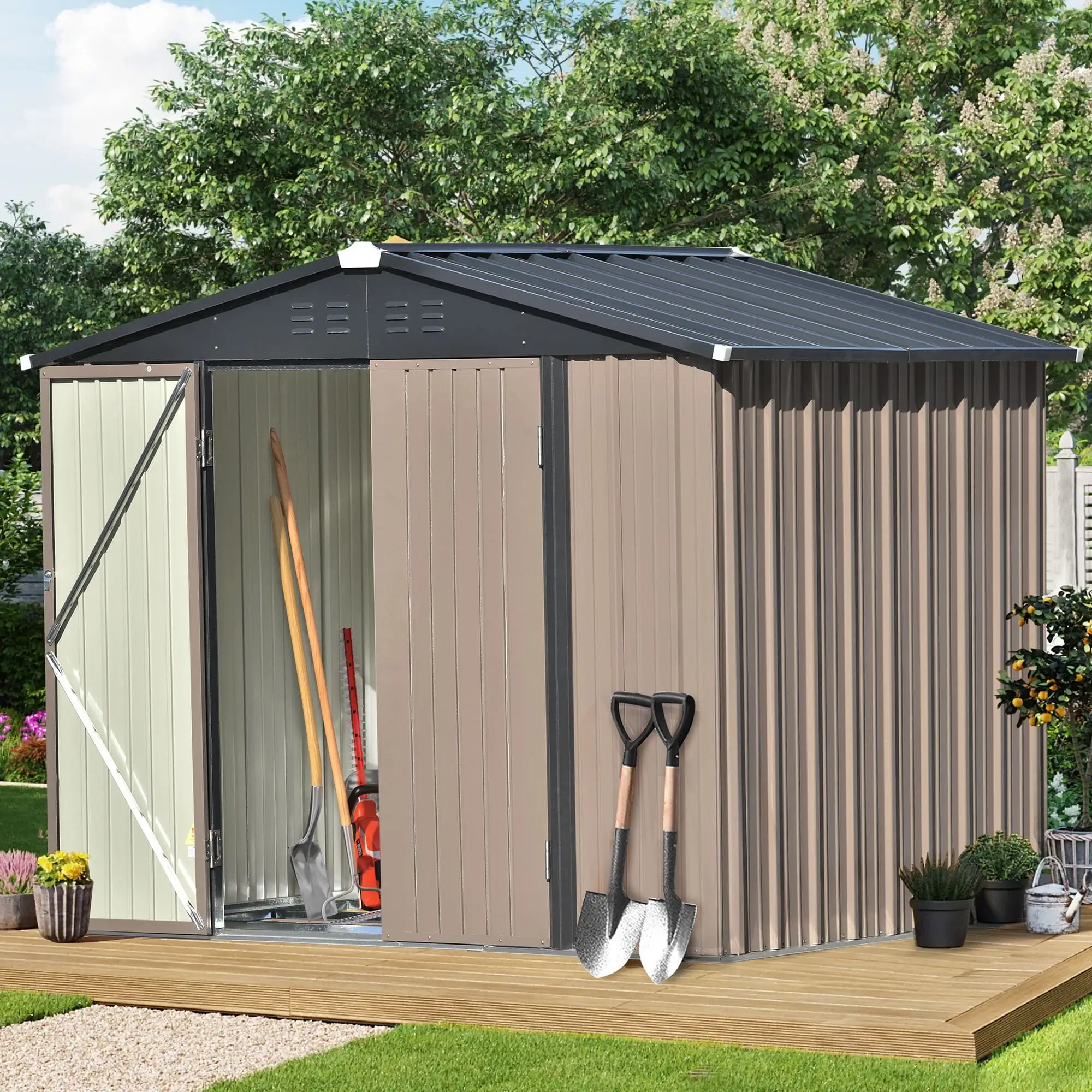 Storage Shed 8FT X 6FT. Outdoor Shed Garden Storage Shed Metal with Lockable Doors and Foundation Frame. Bike Shed for Patio Lawn Backyard Trash Cans