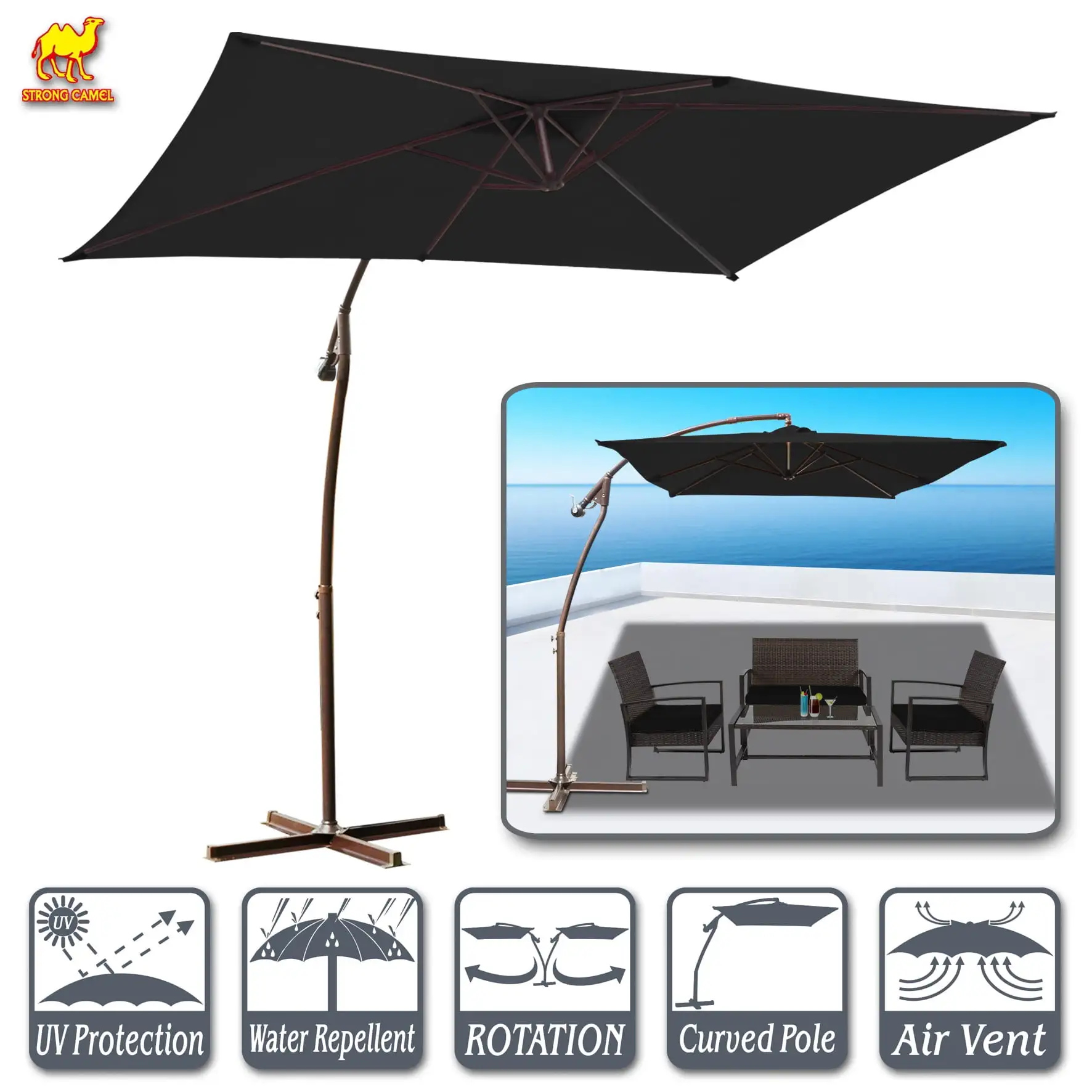 Strong Camel 10'x6.5' Cantilever Banana Umbrella Patio Offset Parasol Garden Outdoor Sunshade Hanging Market-360'C Rotational Function