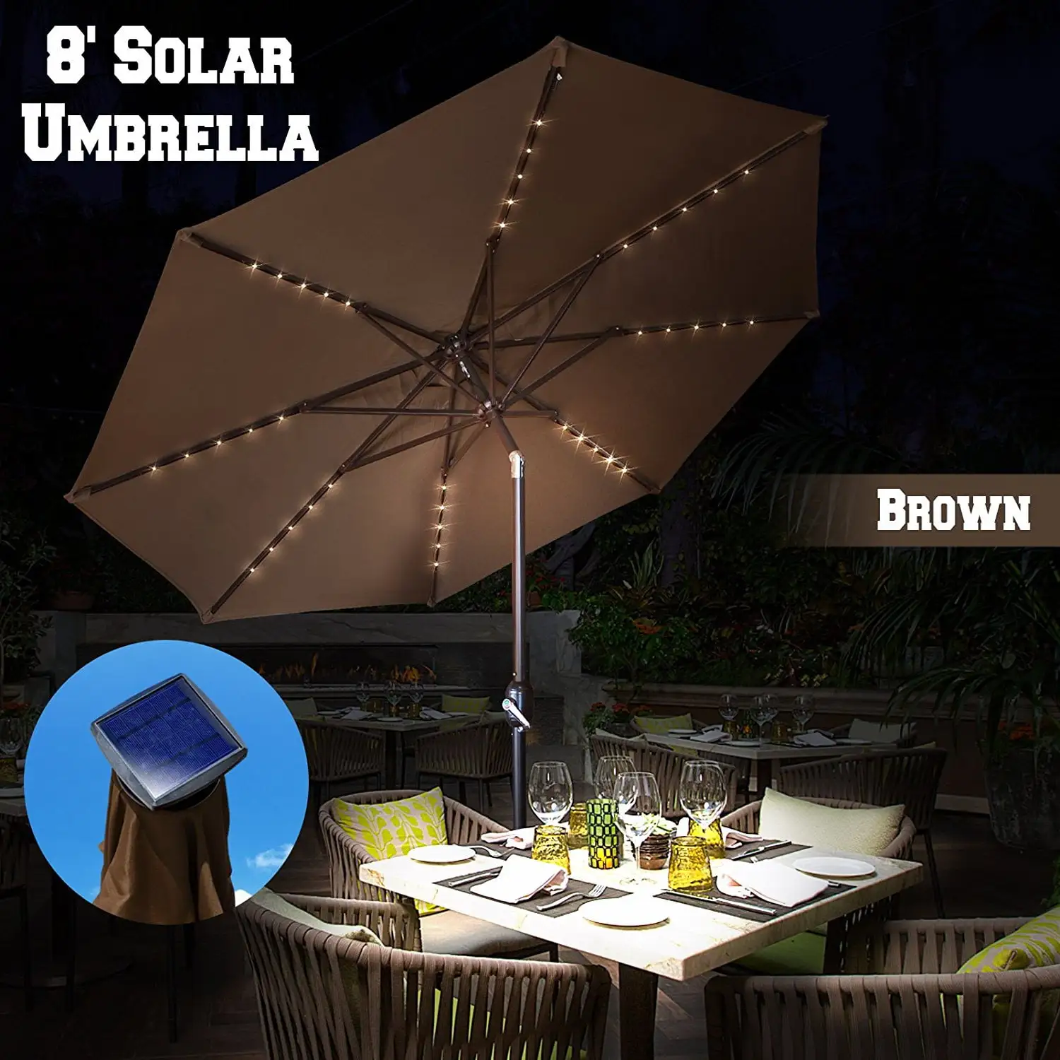 Strong Camel 10ft Solar Light Patio Umbrella Tilt Aluminum Sunshade Outdoor Garden Market Balcony (Brown)