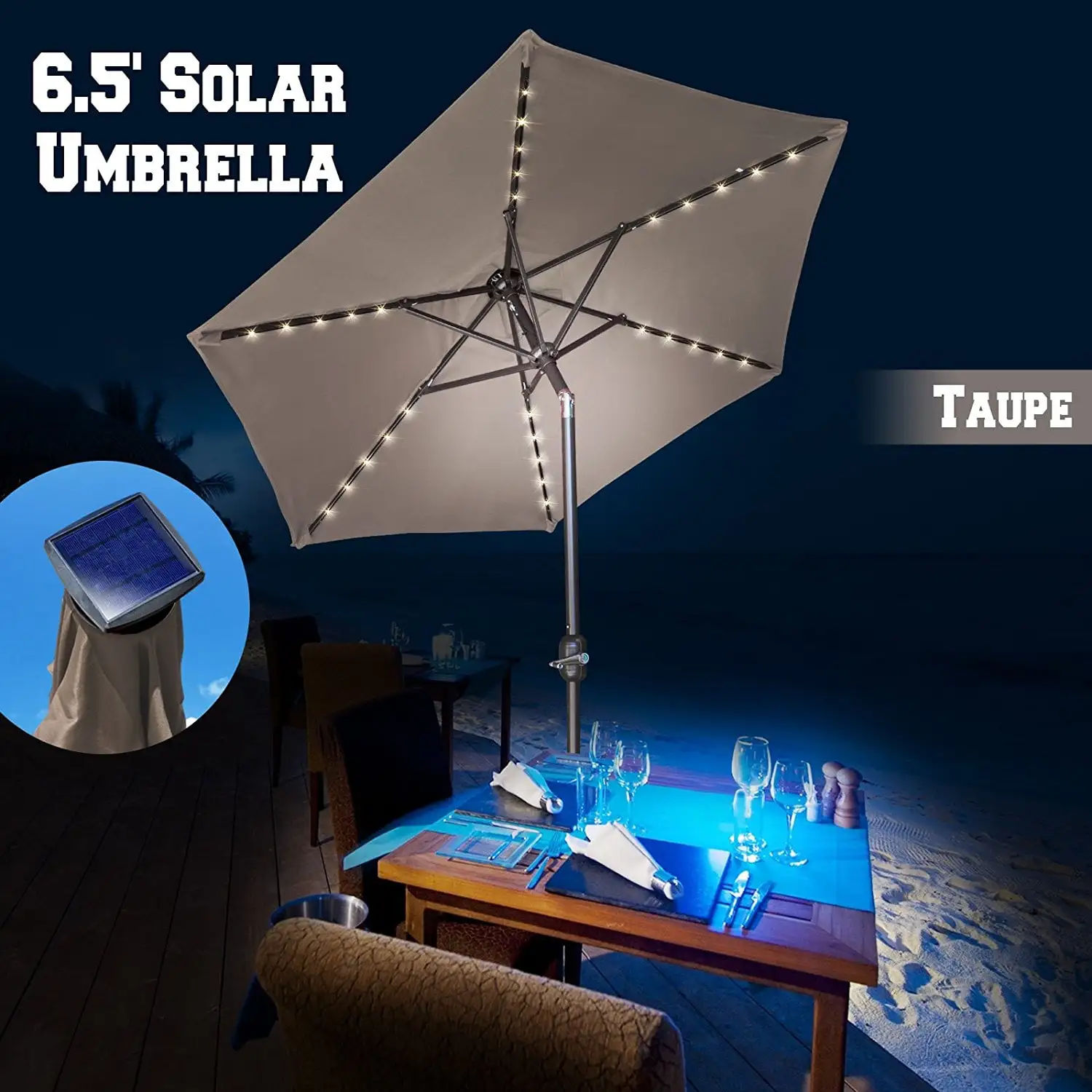 Strong Camel 6.5ft Solar Light Patio Umbrella Tilt Aluminum Sunshade Outdoor Garden Market Balcony (Taupe)