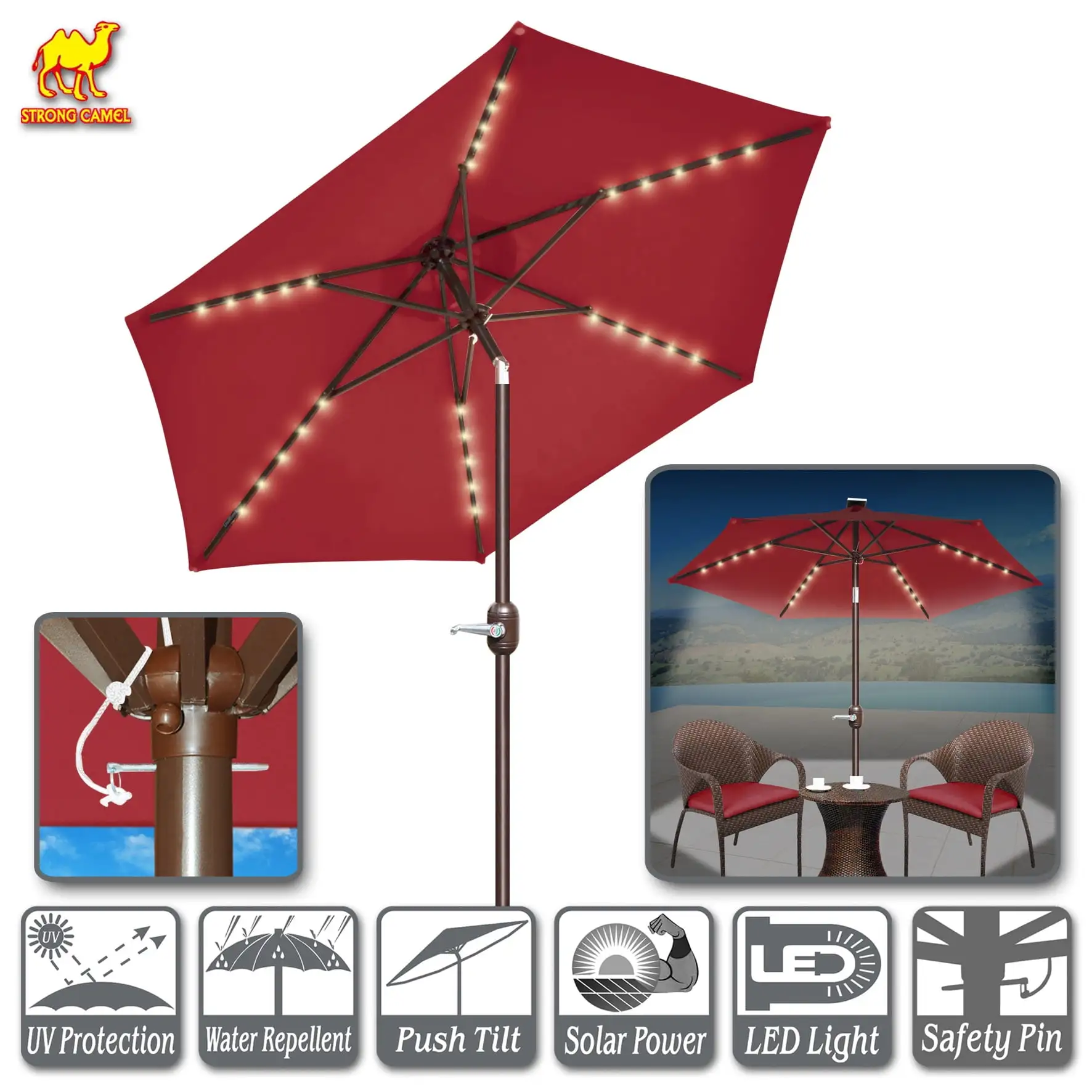 Strong Camel 7.5ft Patio Umbrella LED Lighted Tilt Aluminum Garden Market Balcony Outdoor Sunshade