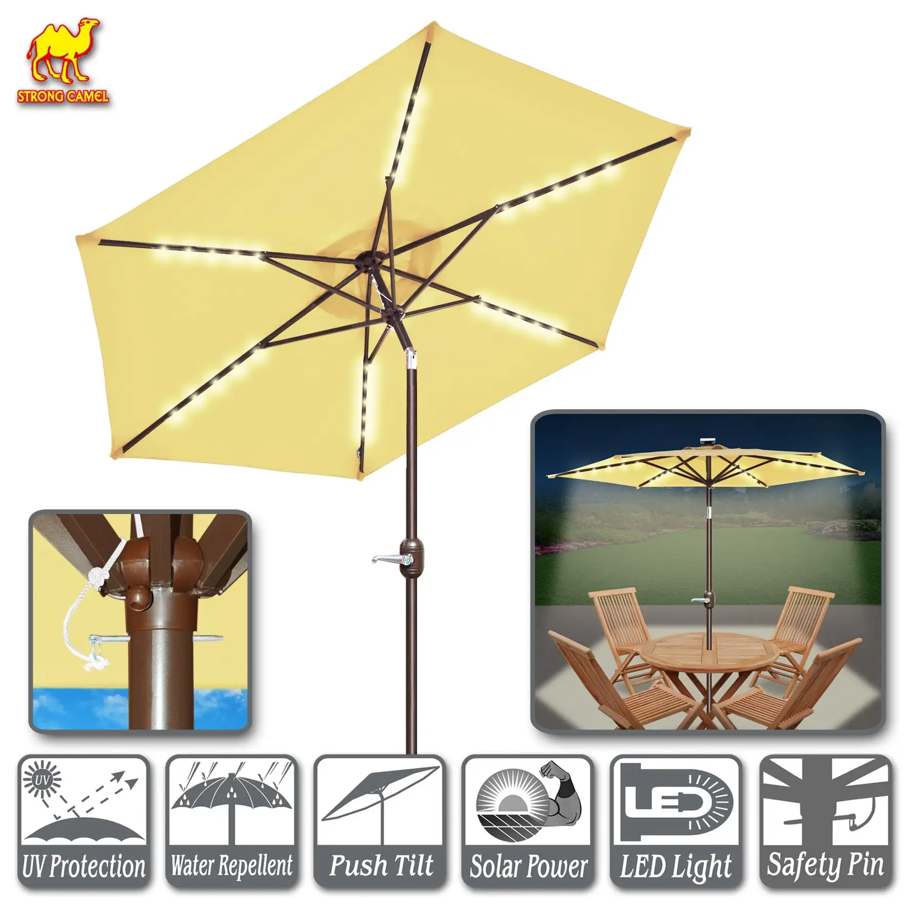 Strong Camel 8' Patio Umbrella Outdoor Sunshade LED Lighted Tilt Aluminum Garden Market Balcony