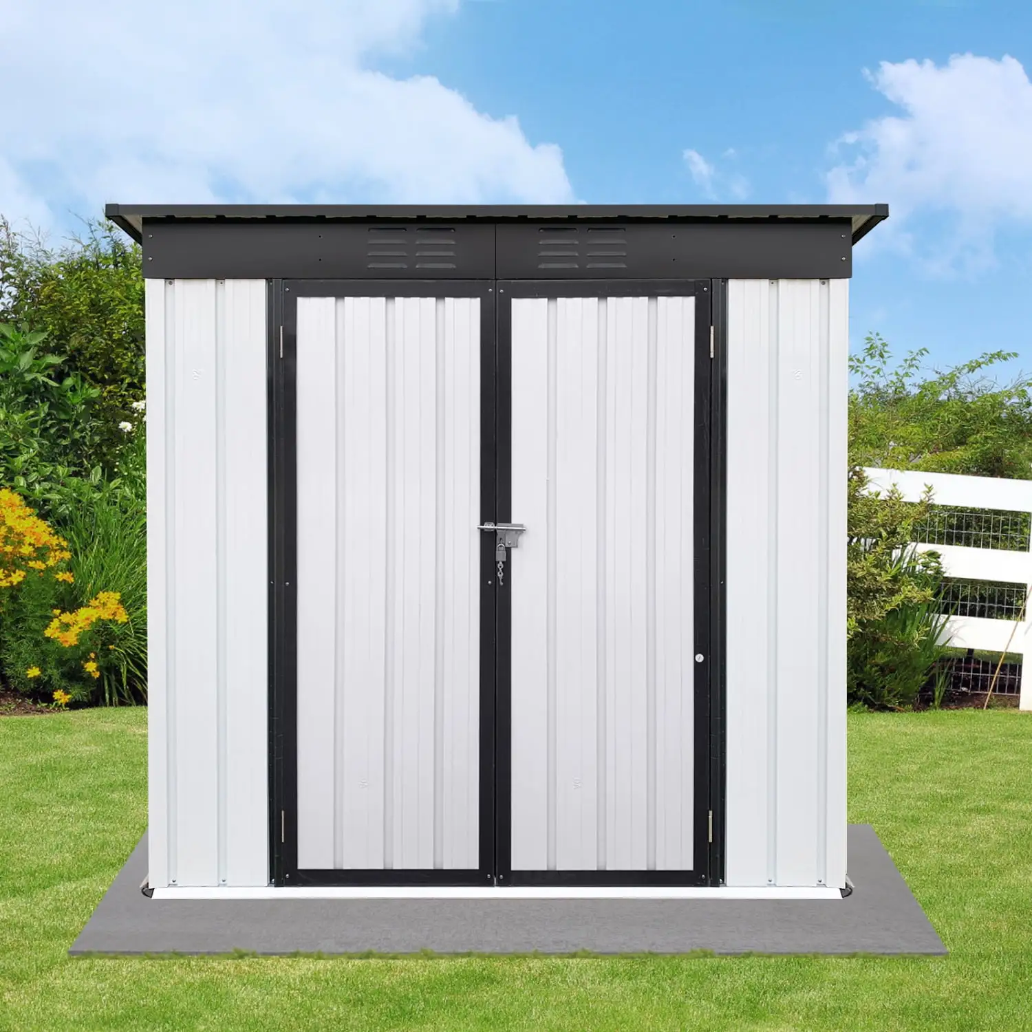 Stunning Elegant and spacious pent roof outdoor storage sheds with black and white color combination measuring 4FTx6FT your perfect storage solution for outdoor spaces