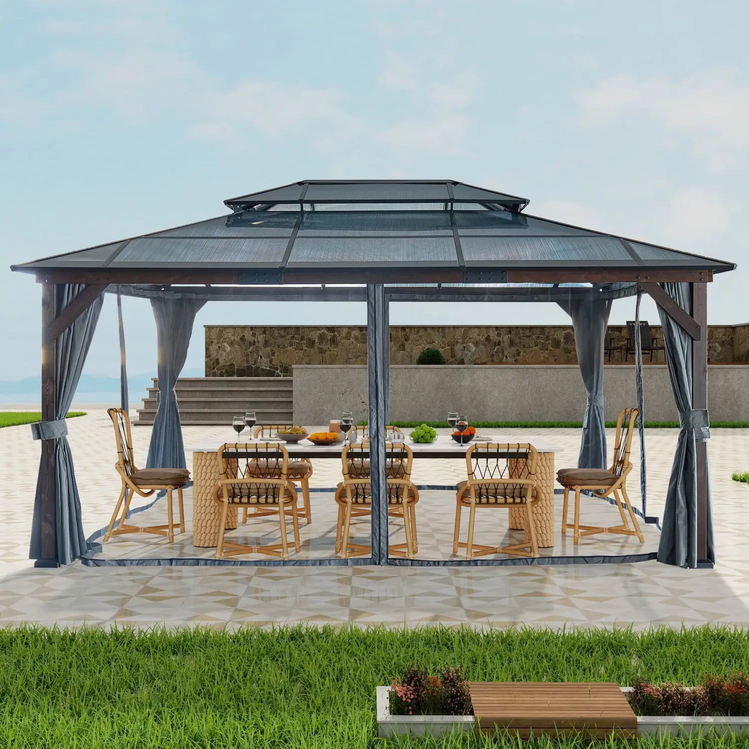 Stunning Solid Wooden Hardtop Cedar Gazebo: 12' x 16' with Double Metal Roof Perfect for Patios and Outdoor Spaces - Includes Privacy Curtains and Mosquito Nettings - Ideal Addition to Y