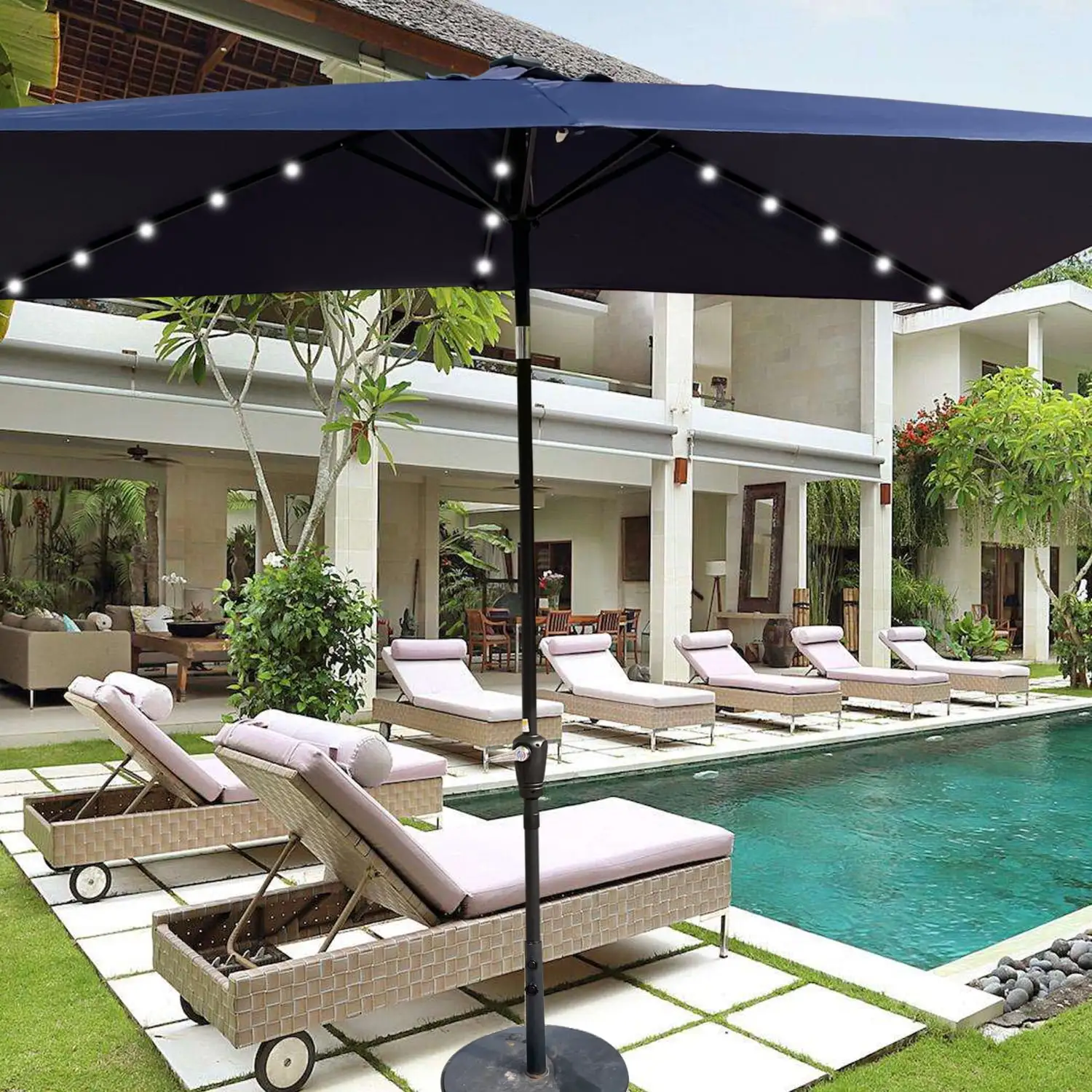 Stylish and Durable Set of 10 Rectangular Solar LED Lighted Outdoor Patio Umbrellas - Perfect for Garden Backyard or Pool with Convenient Crank and Push Button Tilt Feature. Create a Be