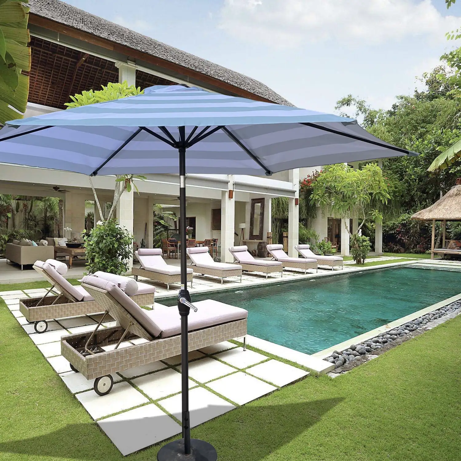 Stylish High-Quality Ice Blue Stripe 9ft Outdoor Patio Beach or Pool Umbrella - Large Canopy for Sun Protection Comfort and Enjoying the Outdoors in Style