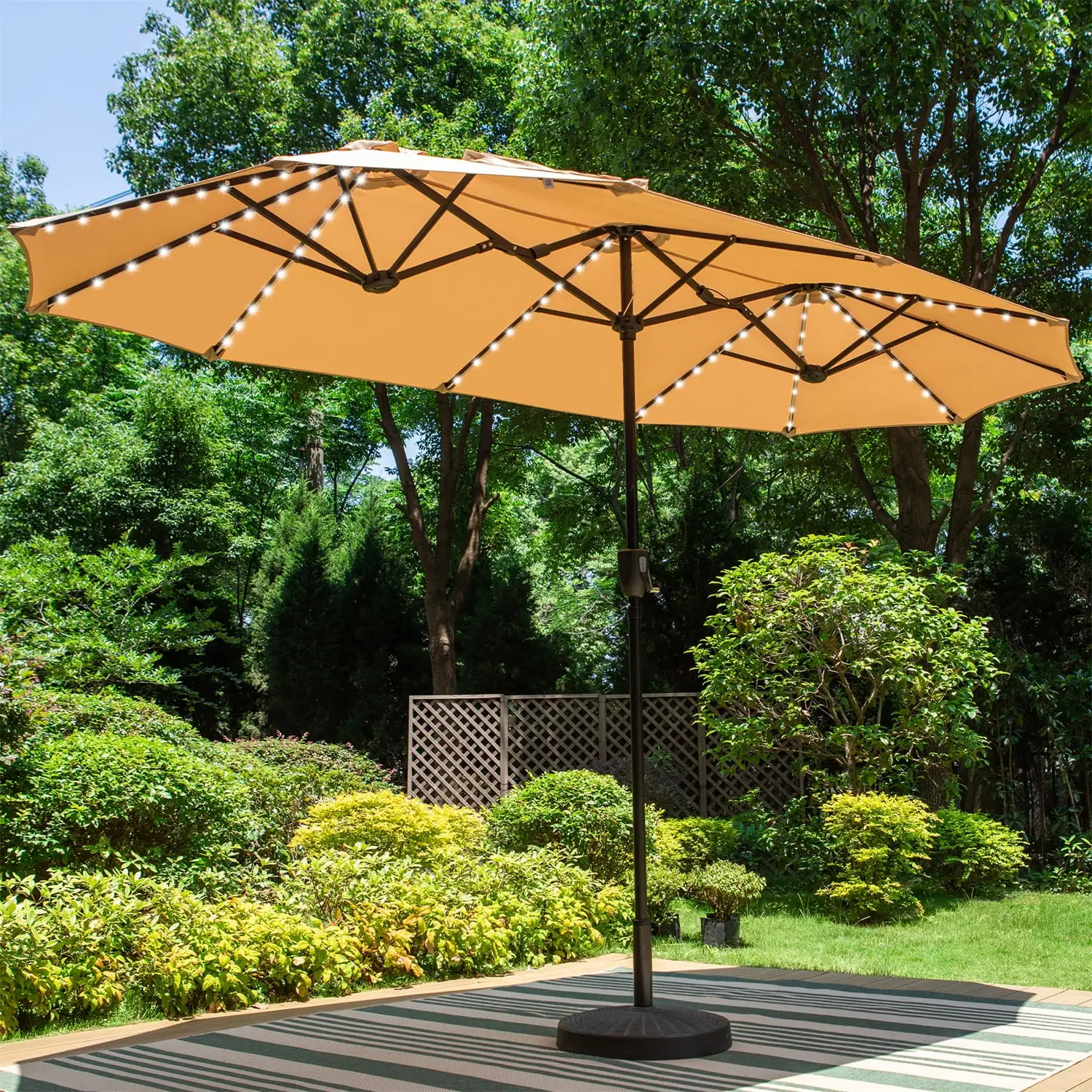 Summit Living 13ft Patio Umbrella with LED Solar Lights Large Double-Sided Outdoor Table Umbrella. Beige