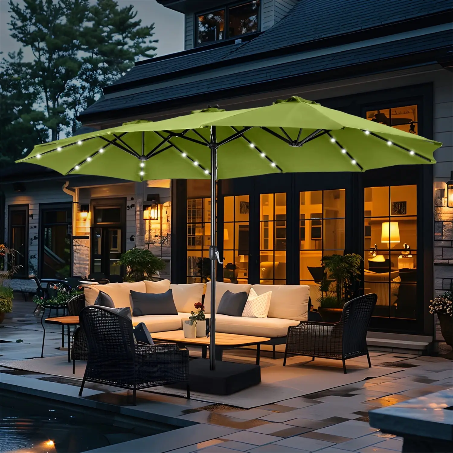 Summit Living 15 FT Double-Sided Solar Patio Umbrella with Base Large Outdoor Umbrella with LED Solar Lights - Lime Green