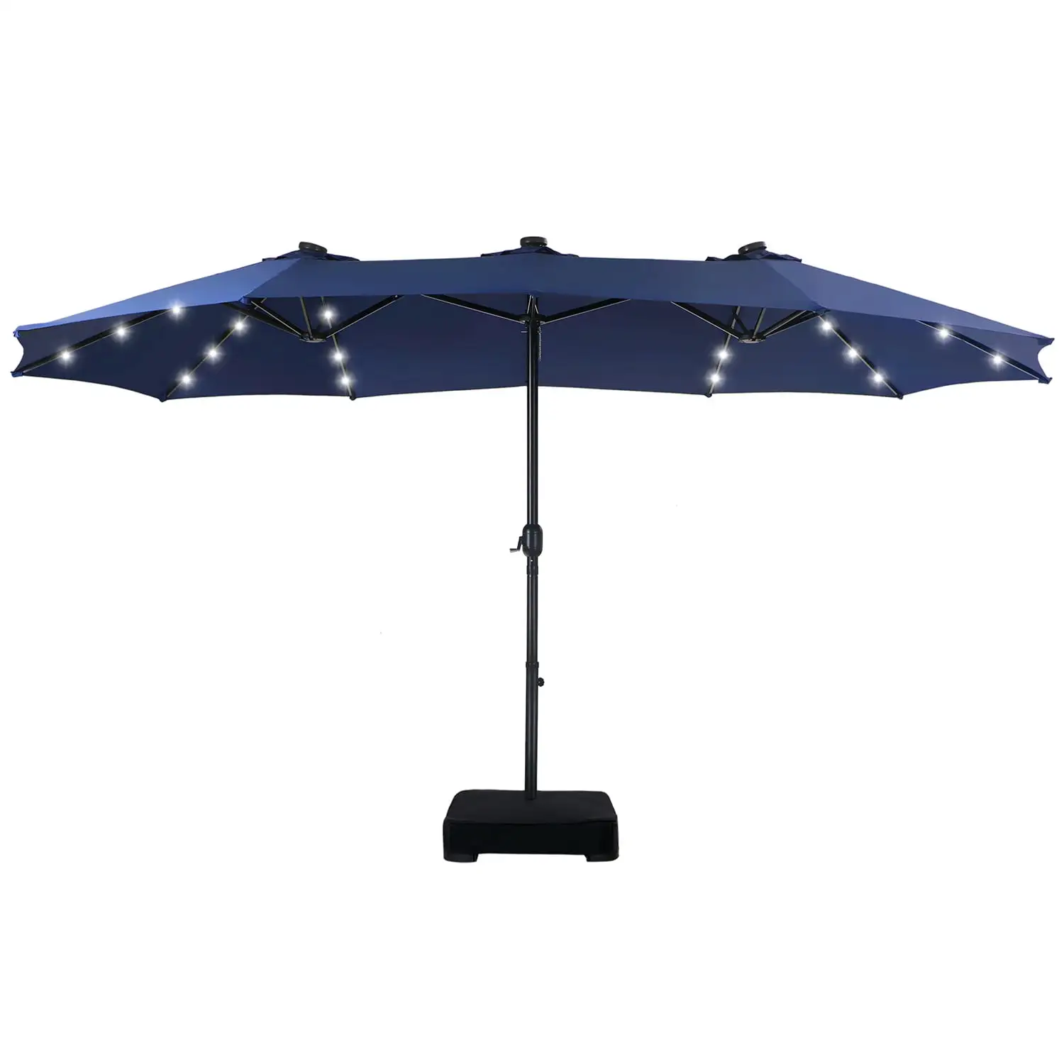 Summit Living 15ft Double-Sided Patio Umbrella with Base Large Outdoor Umbrella with LED Solar Lights Navy Blue